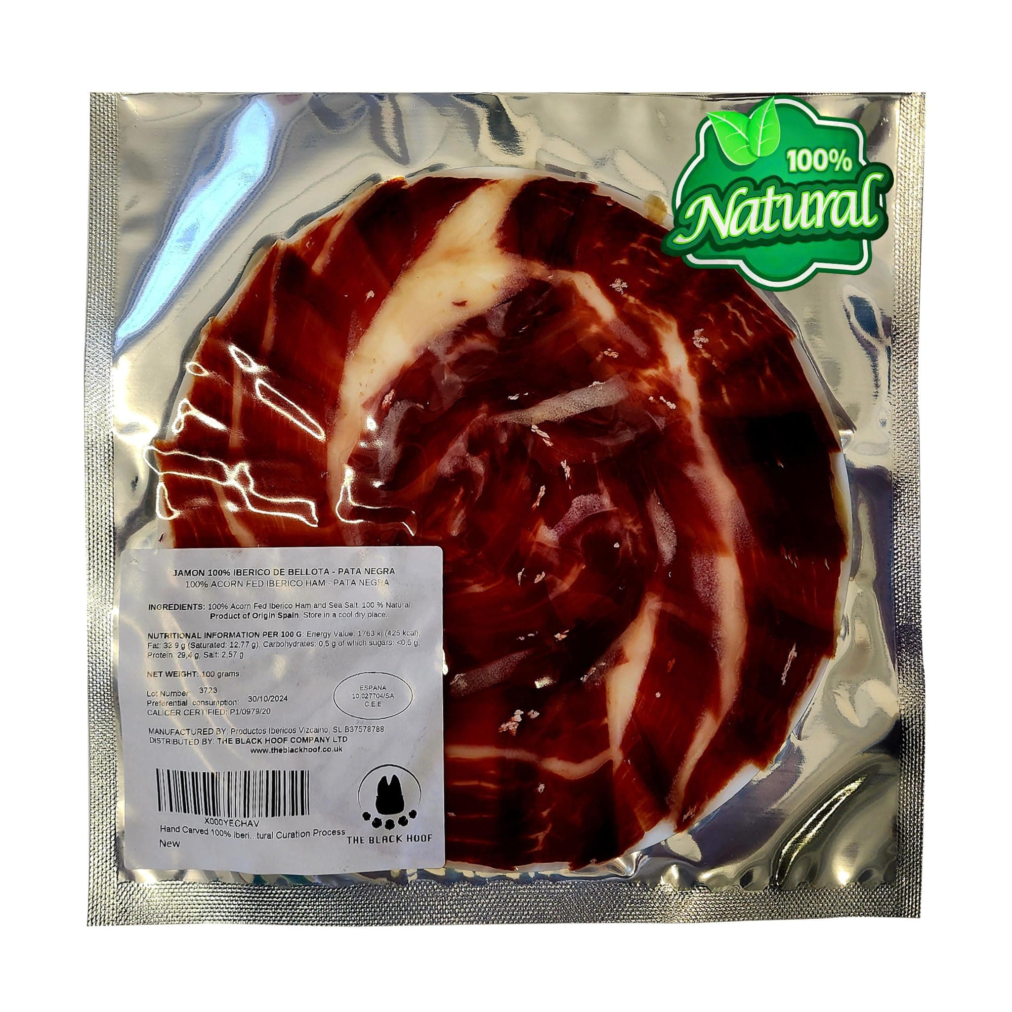 Hand Carved 100% Iberico Ham BELLOTA Pata Negra 36+ Months - 100 Grams Bellota Iberico Ham Slices with 100% Natural Curation Process