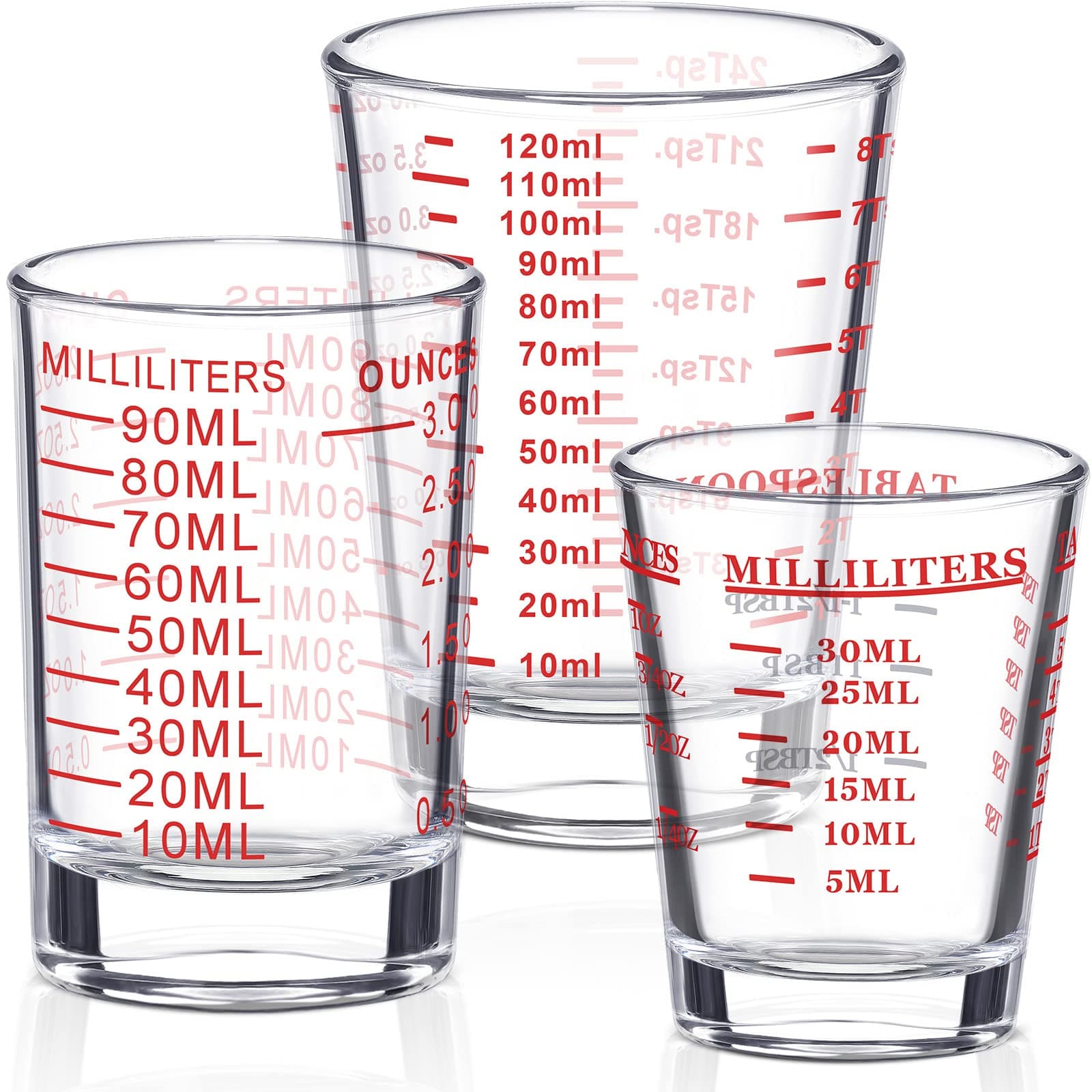 Romooa 3 Pieces Mini Measuring Cups Glass in 1, 3, 4 Ounces, Clear Shot Glass Measuring Cup with Measuring Lines Espresso Glass Cup for Liquid Espresso Beverages Drinks Bar Kitchen Use (Red Letter)