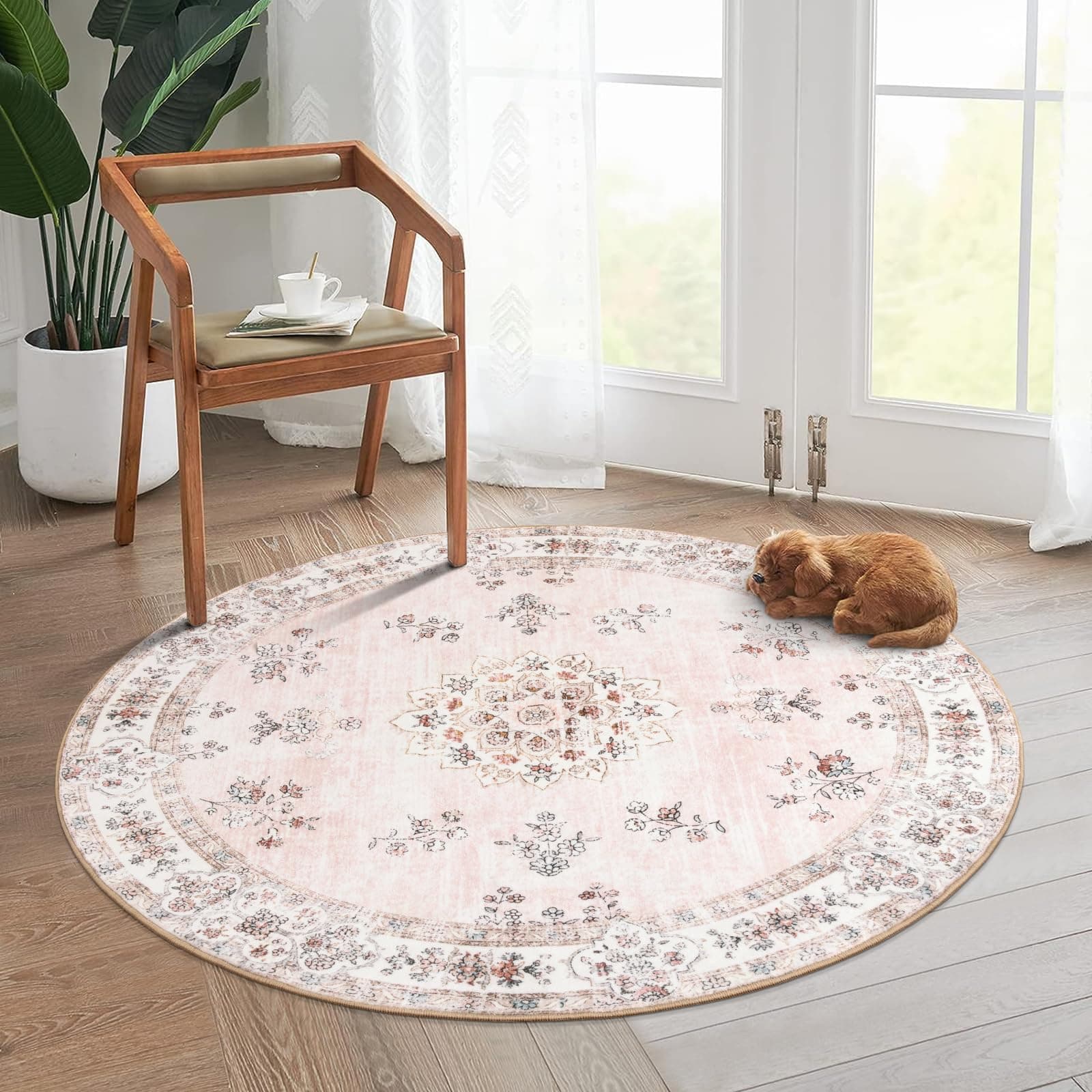 Washable Pink Round Rug 4ft, Soft Europe Vintage 4x4 Circle Rug for Nursery Girls Bedroom, Non-Slip Floral Pastel Circular Carpet for Living Room Indoor Floor Home Office Decor