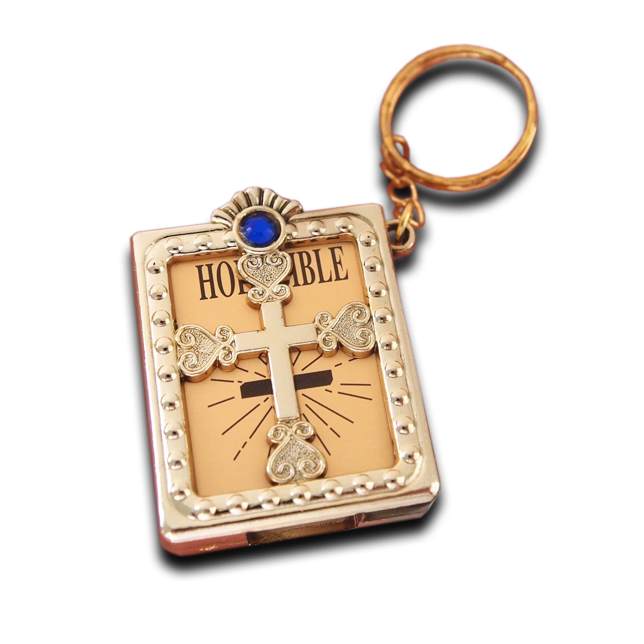 Mini Religious Holy Bible Book Keychain Christian Jesus Cover Keyring Gift Gold Blue or Red Crystal Random