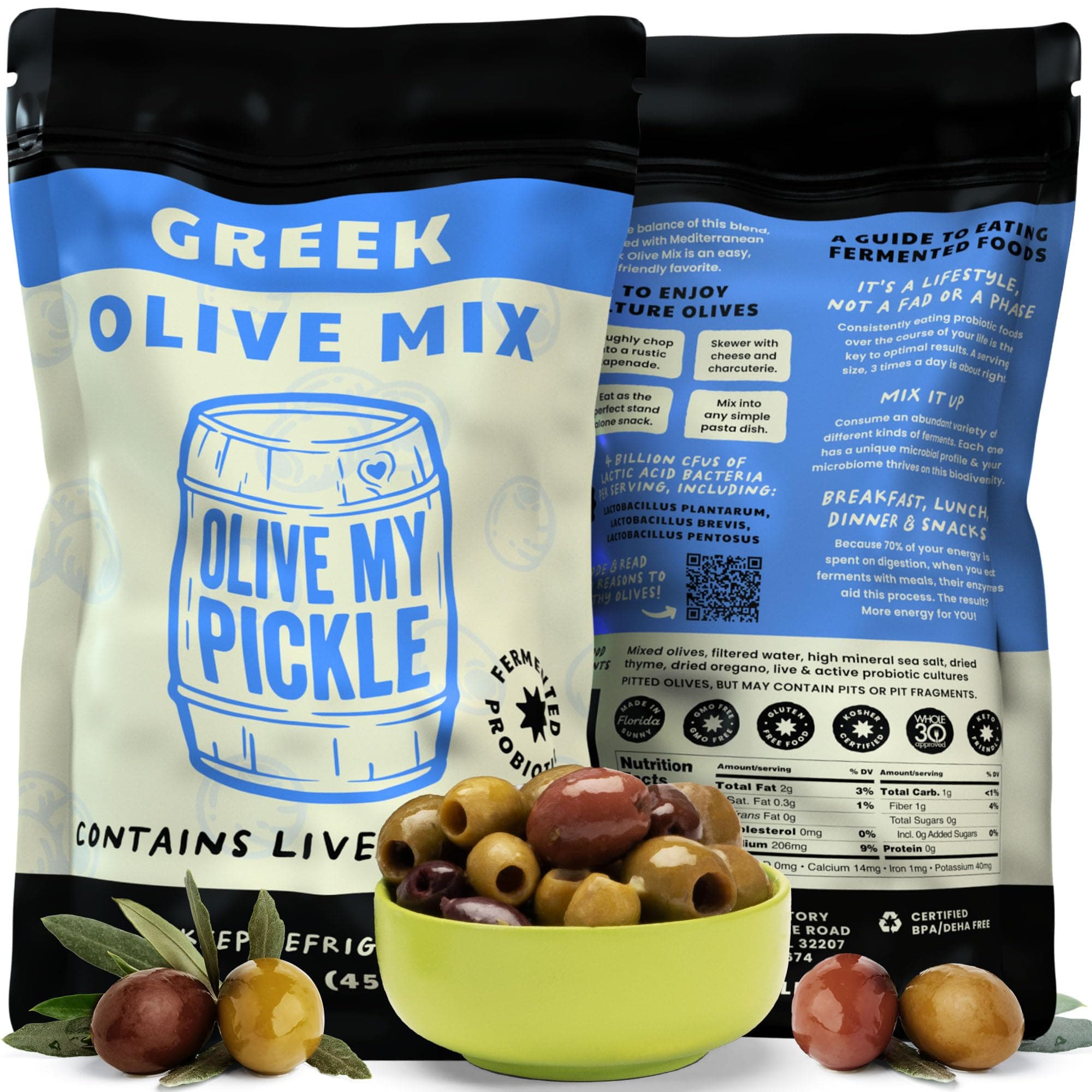 - Olive My Pickle Probiotic Greek Olives Mixed - 32 oz | 2 Pack of Live Culture Greek Mixed Olive with Kalamata Olives for Gut Health | Olive Mix Perfect Snack for Paleo, Keto - 16oz per bag