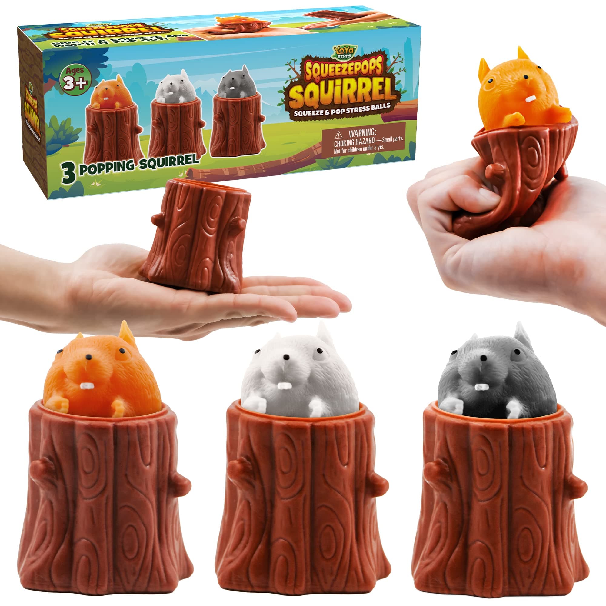 Yoya Toys Squeeze pops Squirrel in Log Squeeze Toy - Squirrel Fidget Popper, Pop Up Fidget Toy - Toy Squirrel, Popping Squeeze Squirrel, Autism/ADHD Fidget Toys - Set of 3 Squirrel Toy