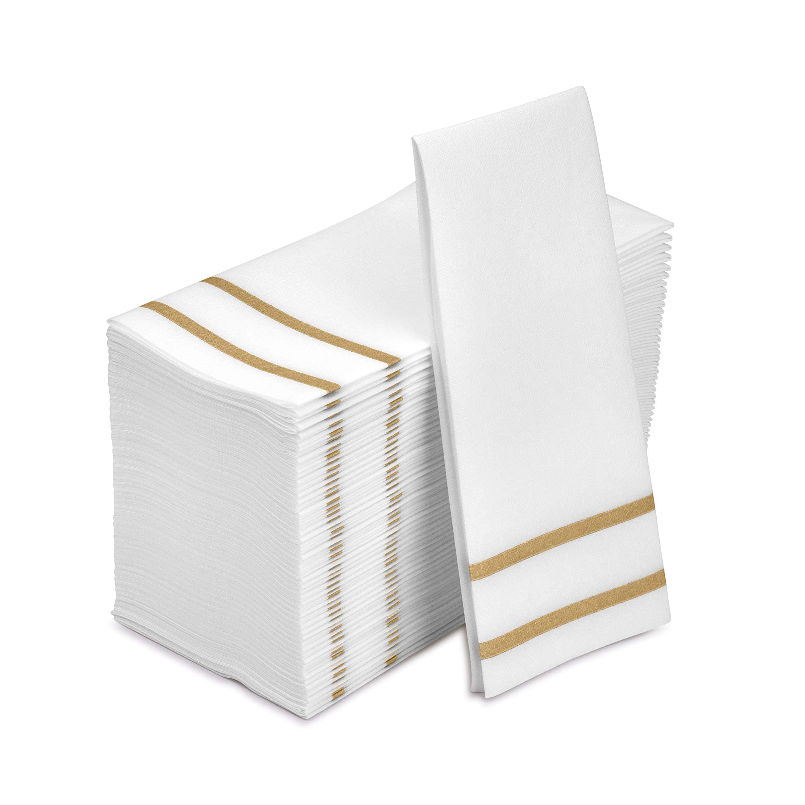 Fete Decorative Hand Towels Disposable, Gold Lines 100 Linen-Feel Guest Towelettes – Formal Dinner, Anniversary, and Wedding Napkins for Tables, Guestrooms, and Restrooms - 8.5X 4-Inches Folded,