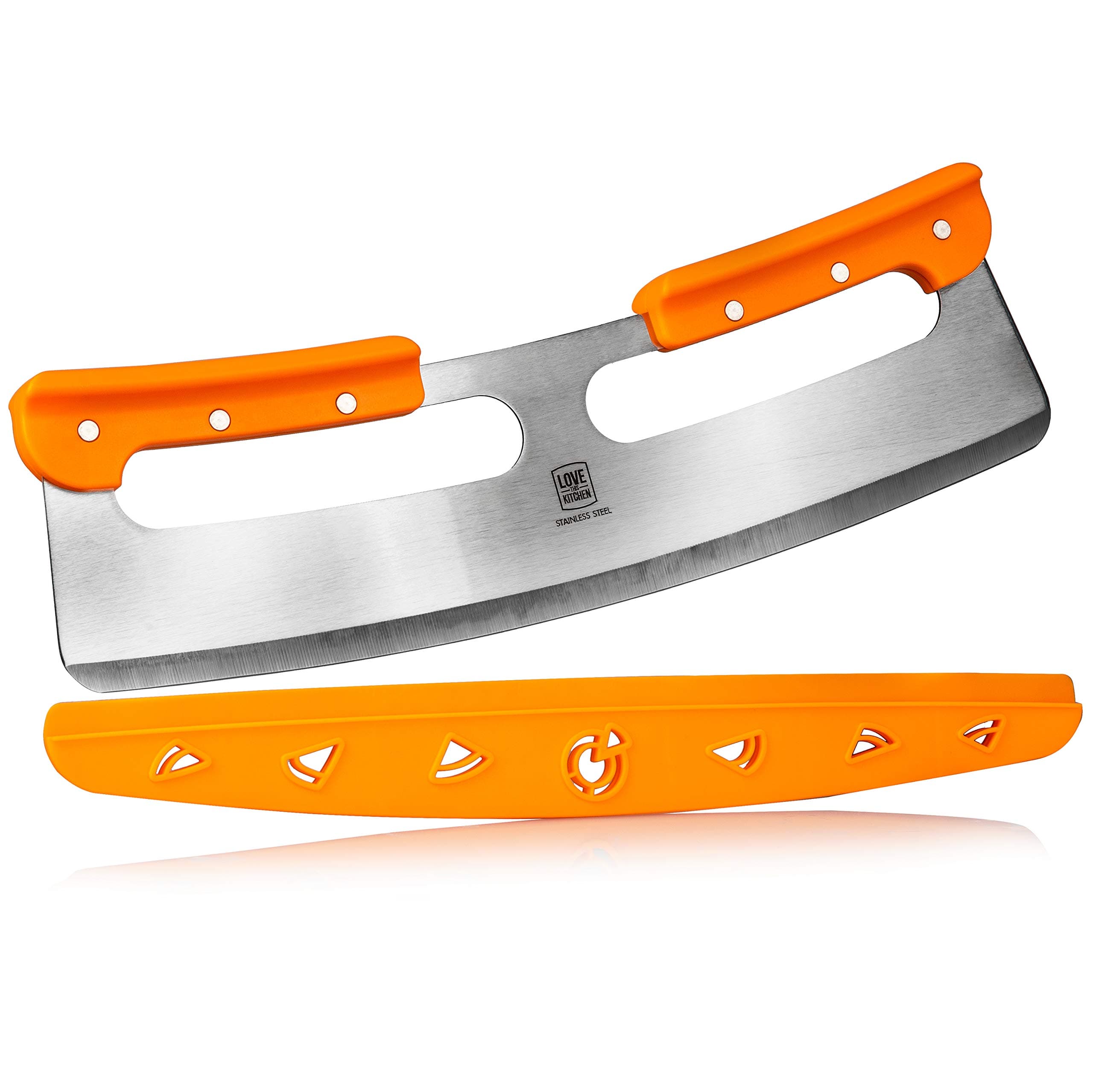 The Ultimate 35,5cm Pizza Cutter / Slicer, Rocker Style. Sharp Edge with Safety Protective Cover / Sheath. Unique Design Provides a Safer Grip than a Mezzaluna Chopper. Premium HQ Stainless Steel
