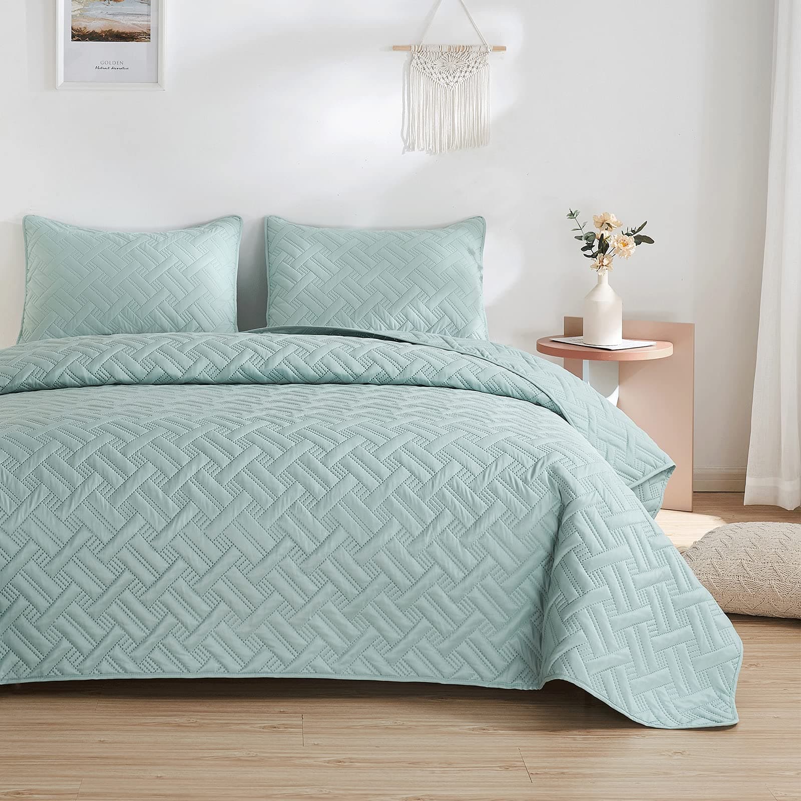 beeweed Quilt Set King Size 3 Pieces, Lightweight Microfiber Basket Pattern Bedspreads for All Season, Mint Green Soft Summer Coverlet Set with 2 Pillow Shams (King 240x260 CM)