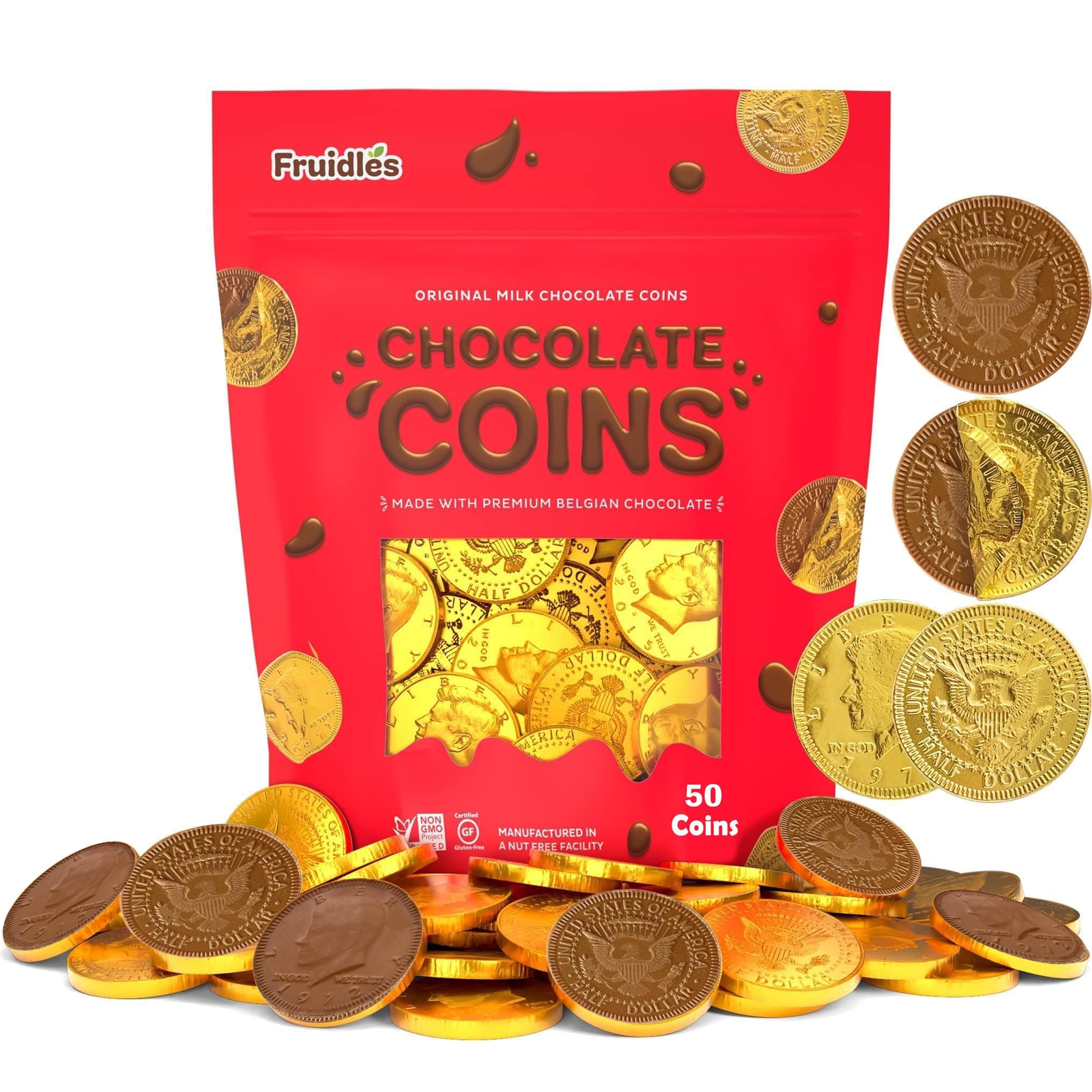 - 50-Pack Milk Chocolate Coins, Gold Half Dollar, Made with Premium Belgian Ingredients, Nut-Free, Non-GMO, Kosher Dairy