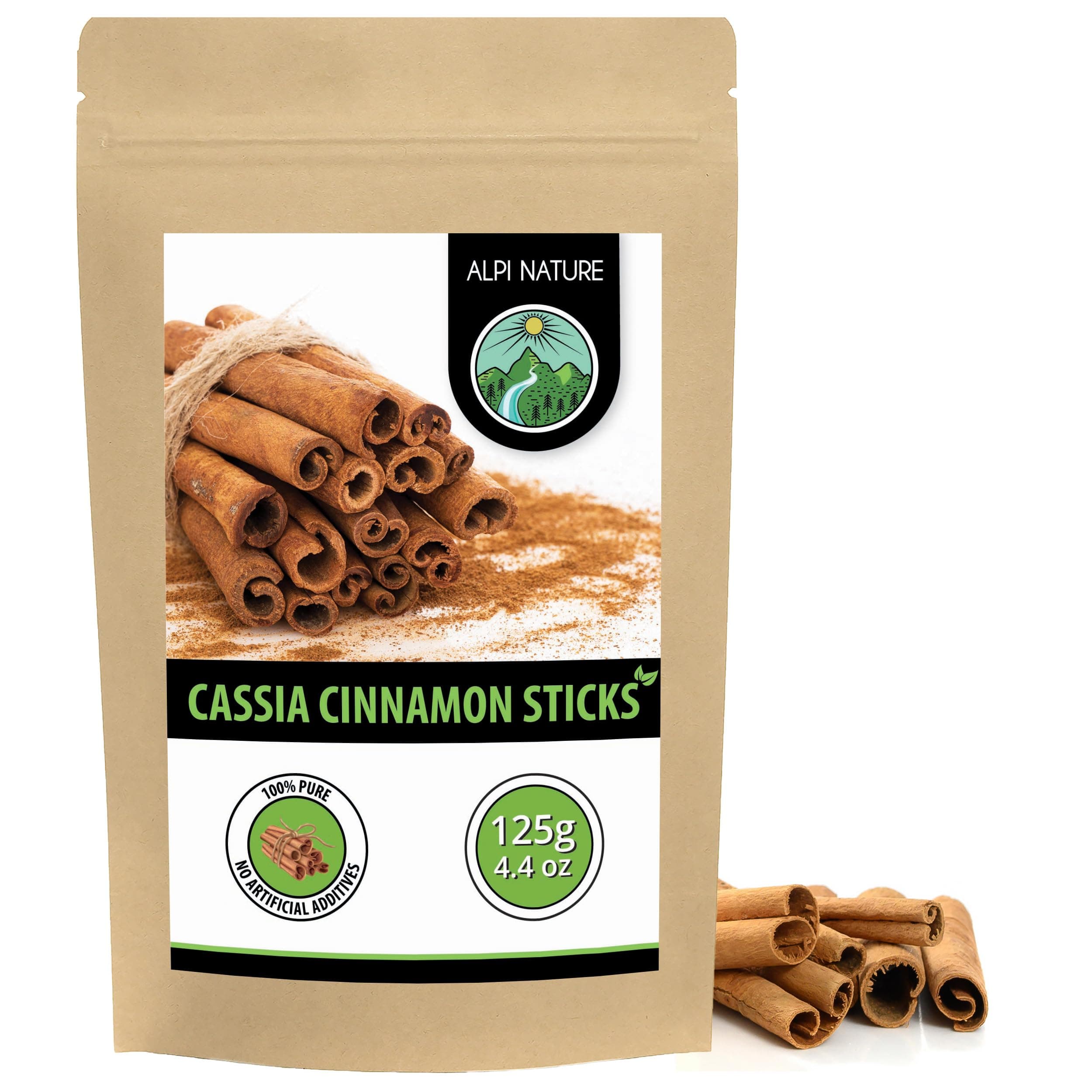 Alpi Nature Cinnamon Sticks 125g 4.4 oz, Cassia Bark Quills 60mm, Approx. 37-39 Sticks per Bag