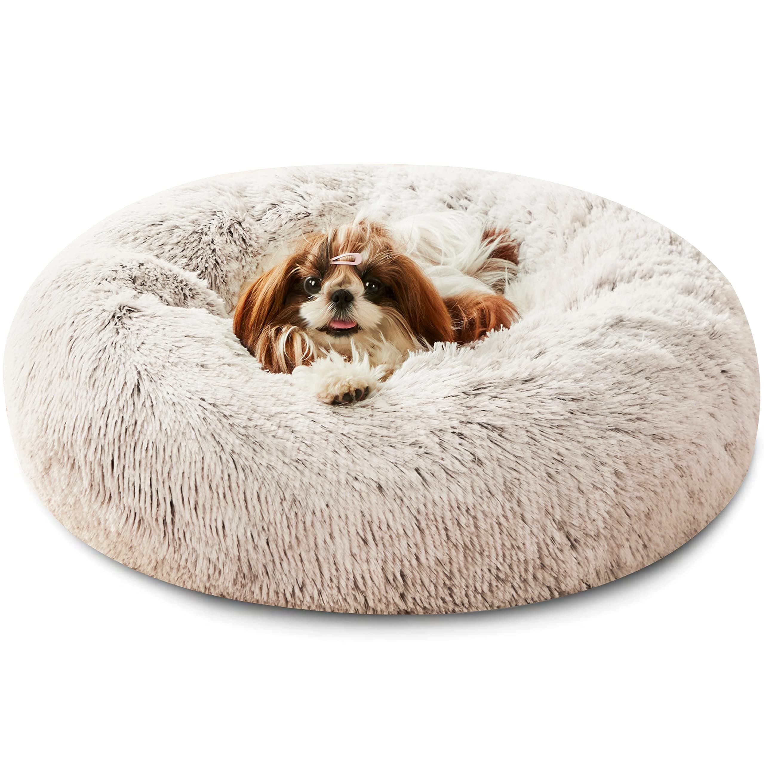 Western Home Faux Fur Dog Bed & Cat Bed, Original Calming Dog Bed for Small Medium Large Pets, Anti Anxiety Donut Cuddler Round Warm Washable Cat Bed for Indoor Cats(27", Khaki)