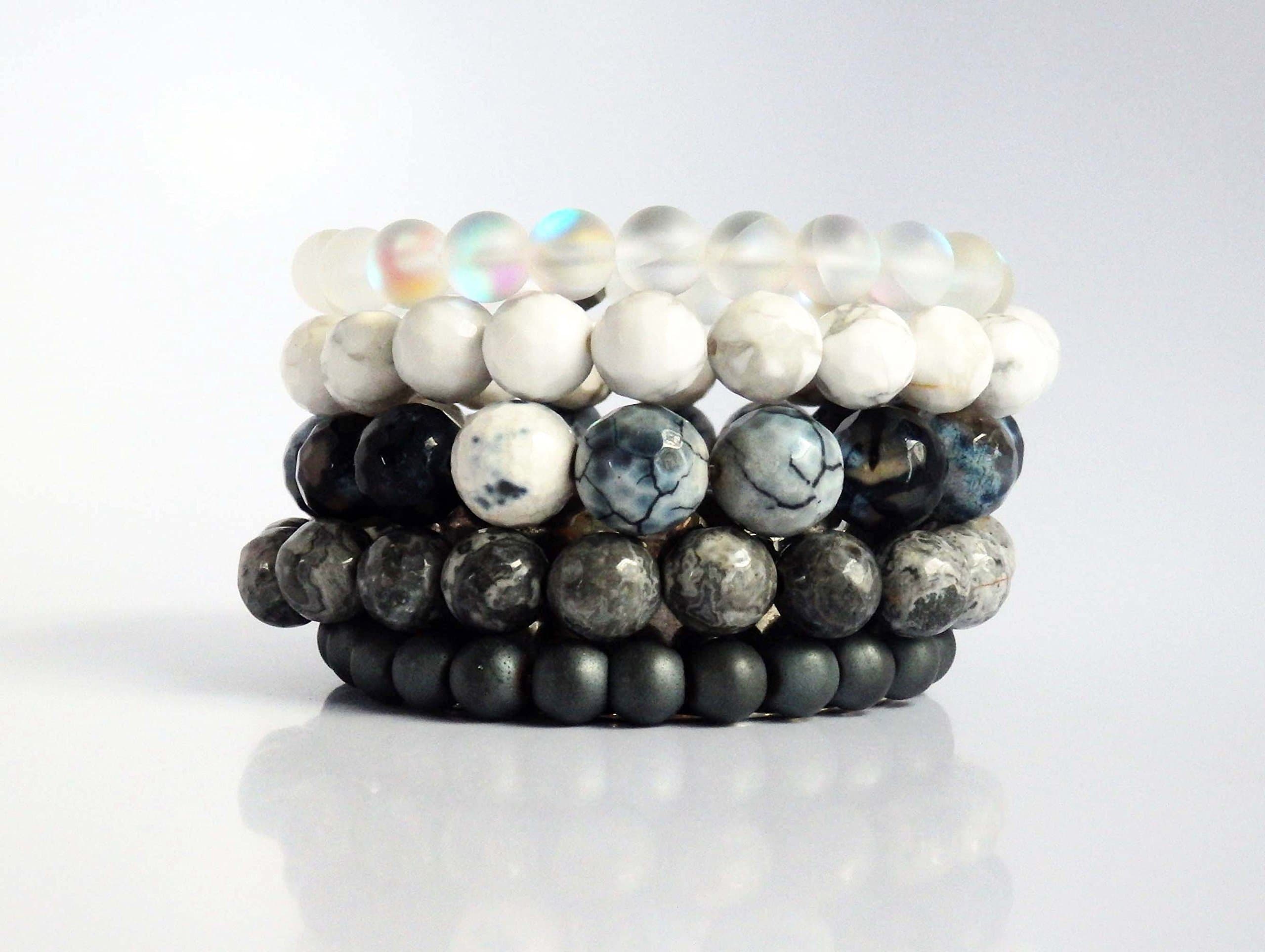 The Uptown Set is a combination of 5 elastic gemstone bracelets
