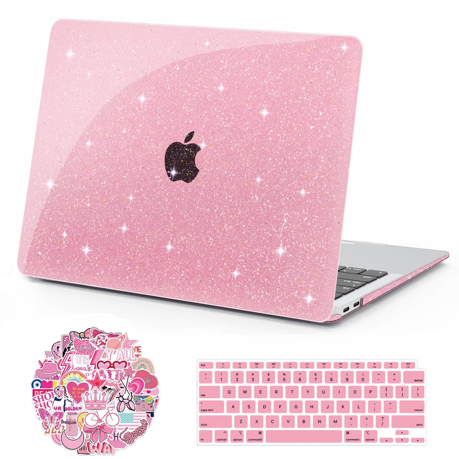 Anban MacBook Air 13" Case for M1 2021 2020 2019 2018 Release A2337 A2179 A1932 Glitter Plastic Hard Shell Case for MacBook Air 13.3" Keyboard Cover + Screen Protector Bling Pink