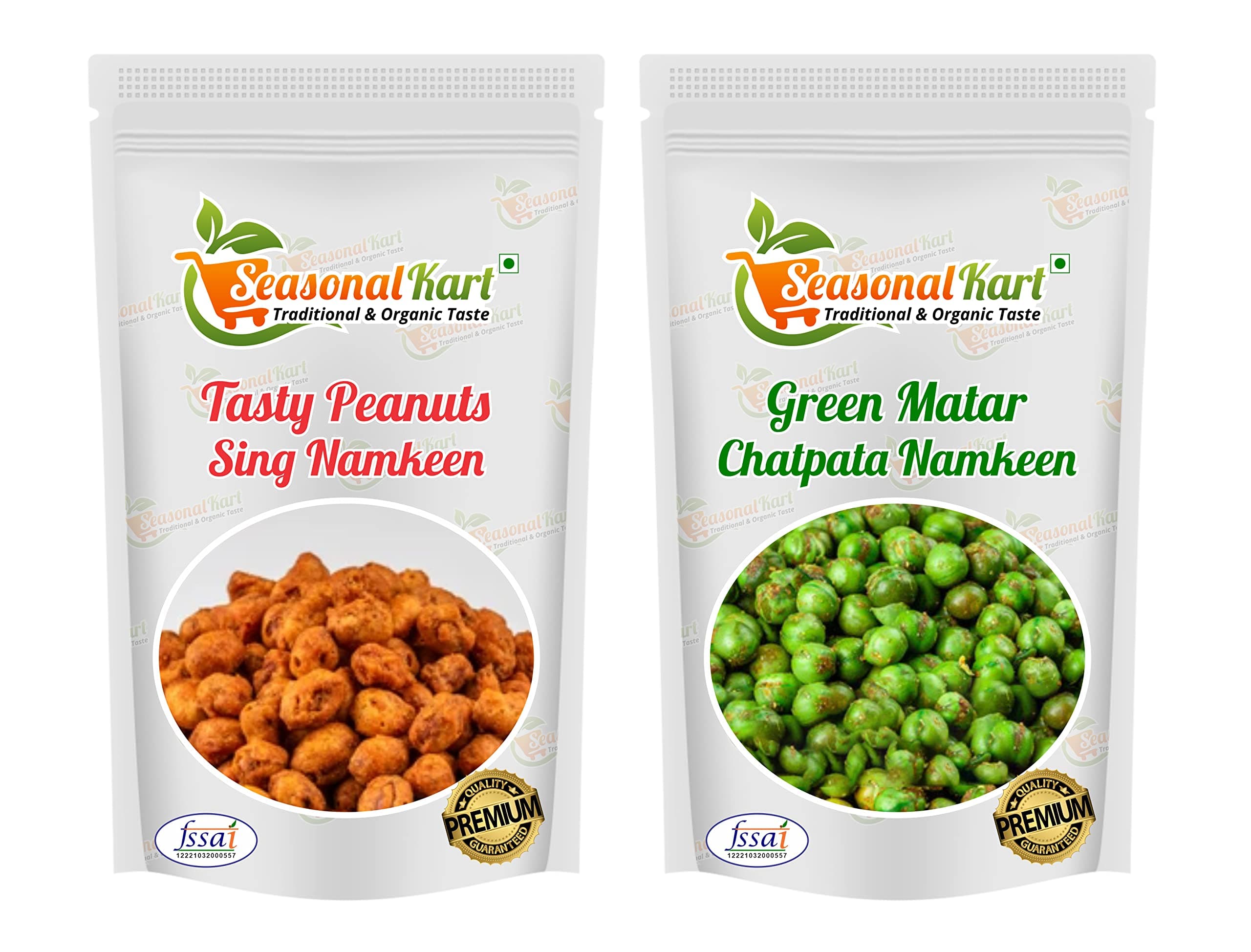 Seasonal Kart Combo of Masala Green Matar & Tasty Peanuts with Masala Coated & (100% Crispy Peanuts Moongfali Daane | Each 200 Grams| Total Weight 400 Grams| Roasted Peas & Roasted Green Peas Masala|