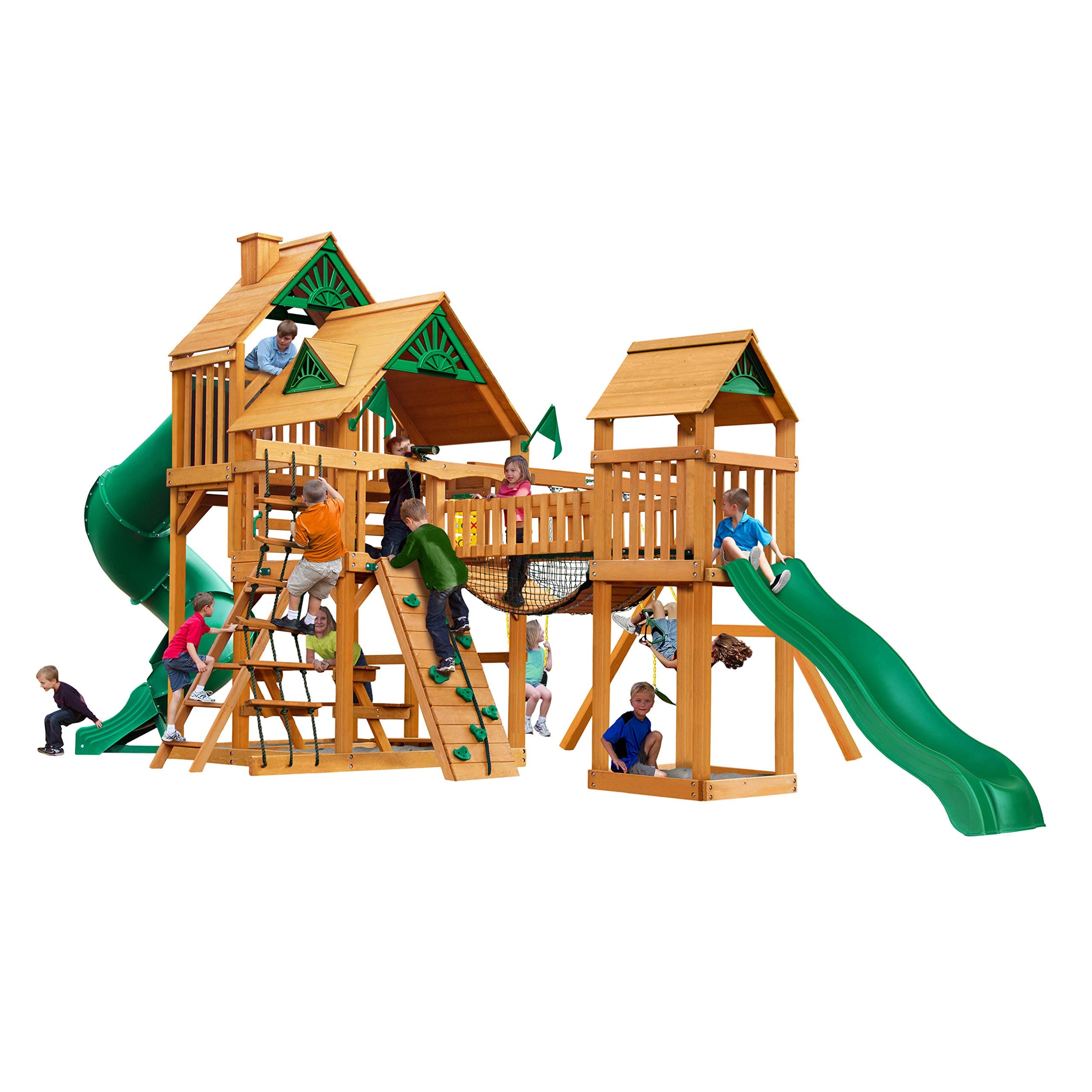 01-1021-AP Treasure Trove I Wood Swing Set with Wood Roof, Clatter Bridge, and Rock Wall, Amber