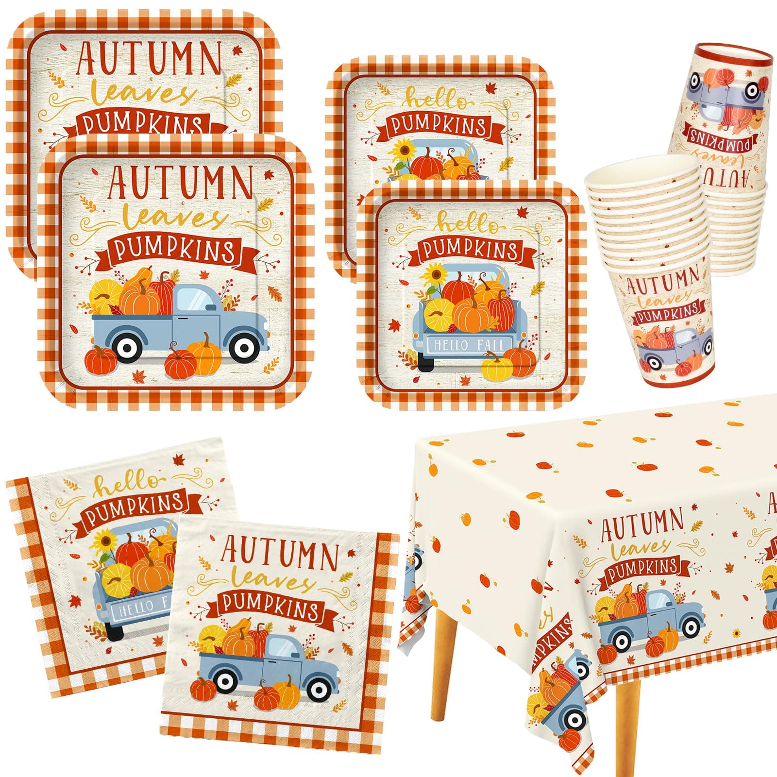 Fall Theme Party Supplies Kit, Serves 25: Complete Autumn Harvest Disposable Dinnerware Set - Includes Dinner & Plates, Napkins, Cups & Tablecloth. Perfect for Thanksgiving/Autumn Party Decorations.
