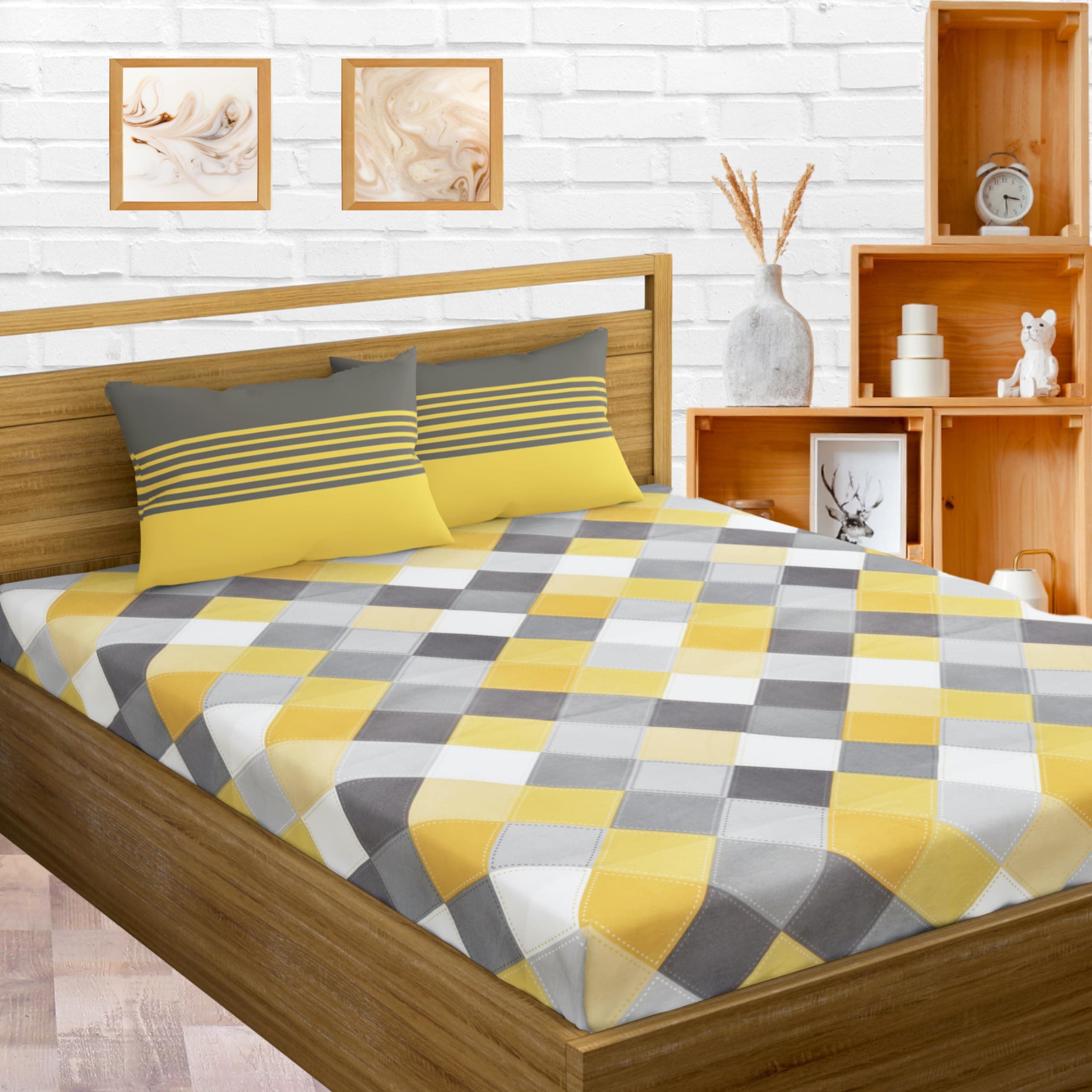 LORETO - A QUALITY LINEN BRAND 144 TC 100% Cotton Bedsheet for Double Bed with 2 Pillow Covers - Yellow & Grey, Checkered