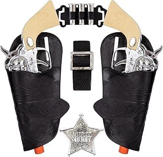 ArtCreativity Cowboy Toy Gun Holster and Belt 9 Piece Set for Kids. 2 Toy Pistols, 1 Sheriff Badge, 2 Gun Holsters, and 3 Play Bullets, 1 Adjustable Belt, Old Western Action Belt for Sheriff