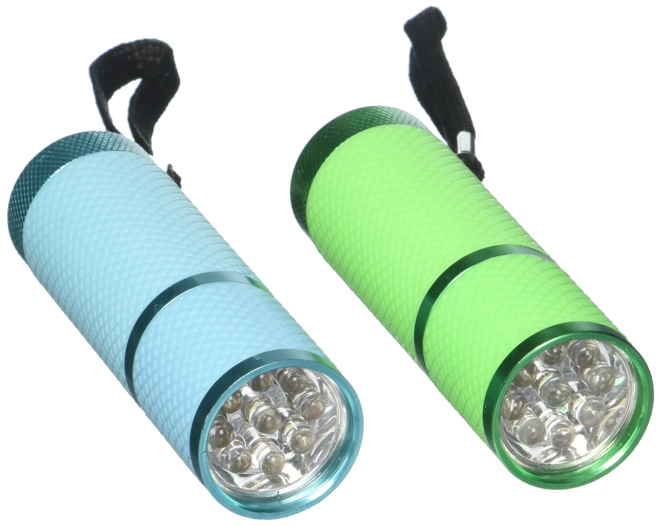 (Pack of 2) Ultra Bright 9 LED Flashlight - Glow in the Dark Water Resistant Rubber Coated Body + AAA Batteries (Green)