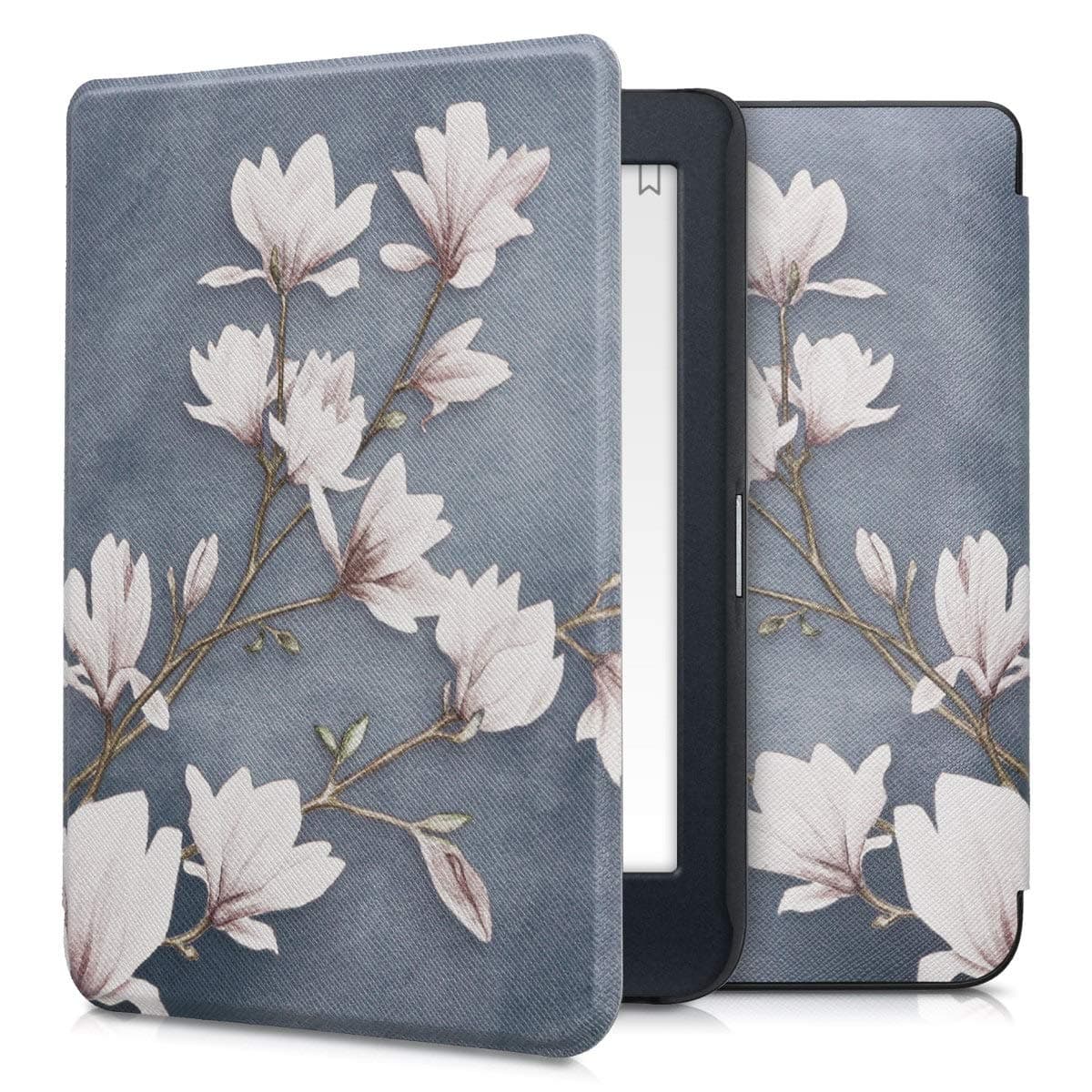 kwmobileCase Compatible with Kobo Nia Case - eReader Cover - Magnolias Taupe/White/Blue Grey