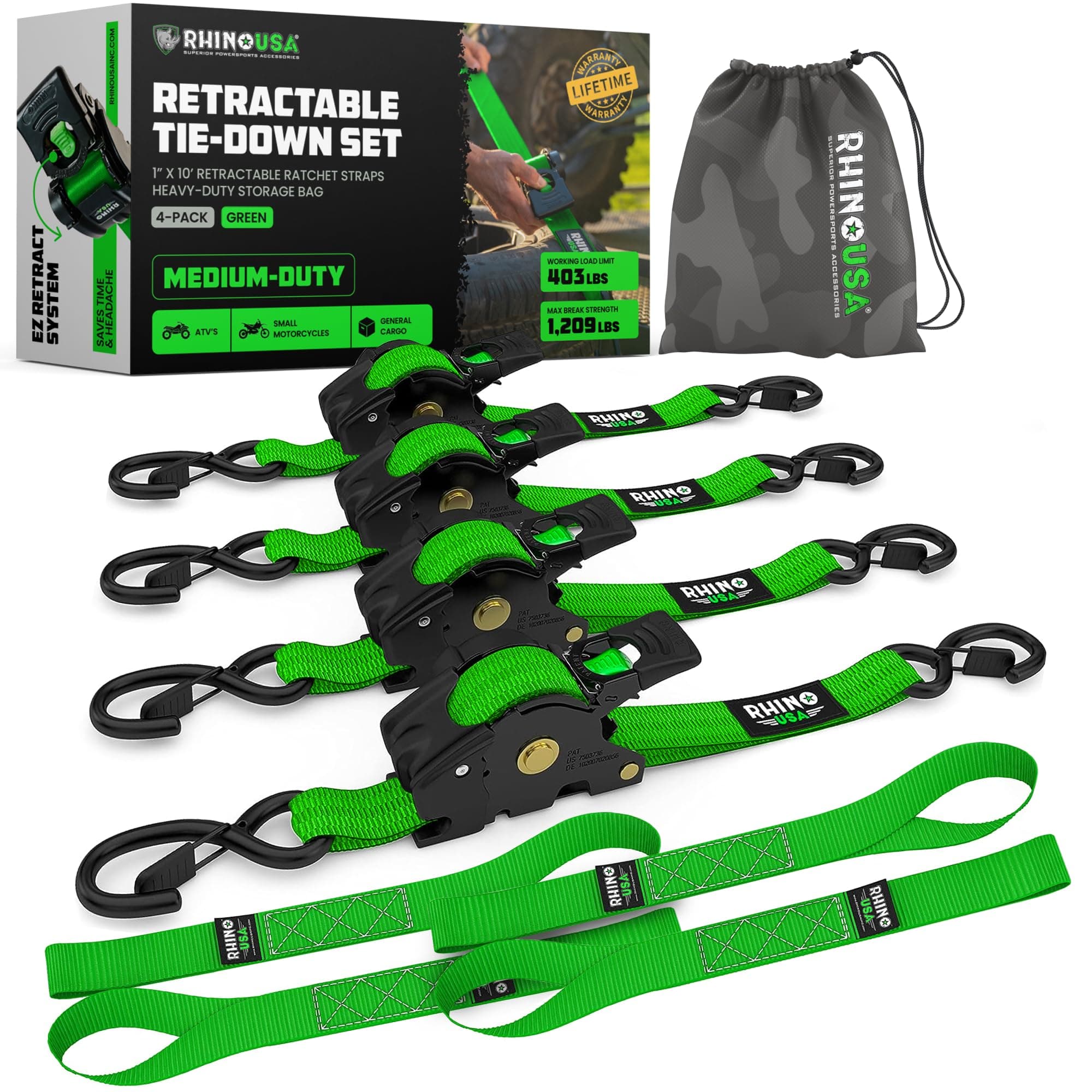 Rhino USA Retractable Ratchet Straps (4-Pack) - 1 Inch x 10 Feet (1,209lb Break Strength) - Auto Self Retracting Tie Down Straps for Truck, Cargo Trailer, Motorcycle, ATV, UTV - Green