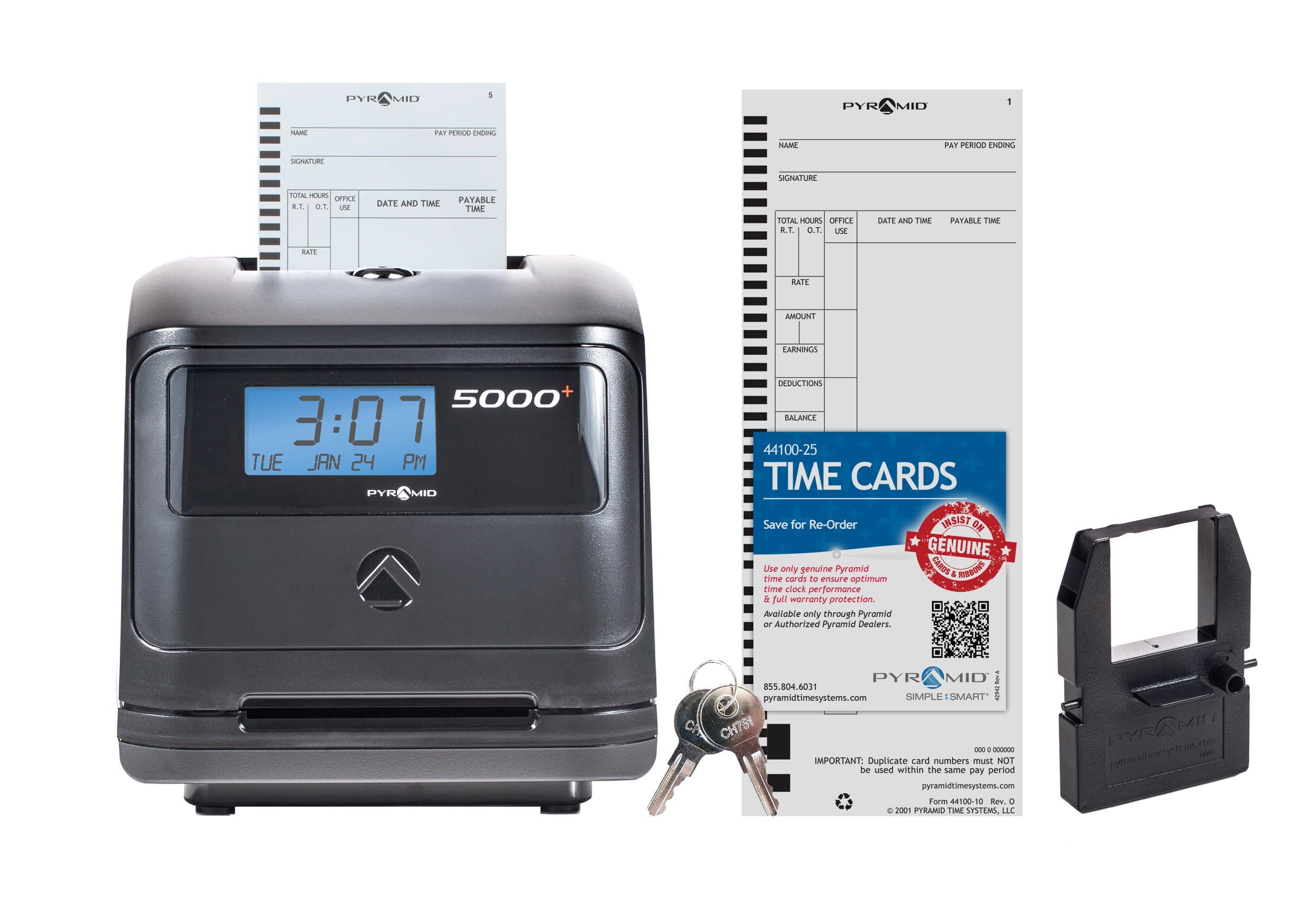 – Pyramid Time Systems - Model 5000 Auto Totaling Time Clock, Employee in/Out Time Tracker for Small Business, Includes: 25 Time Cards,1 Ink Ribbon Cartridge, 2 Security Keys and User Guide - Black