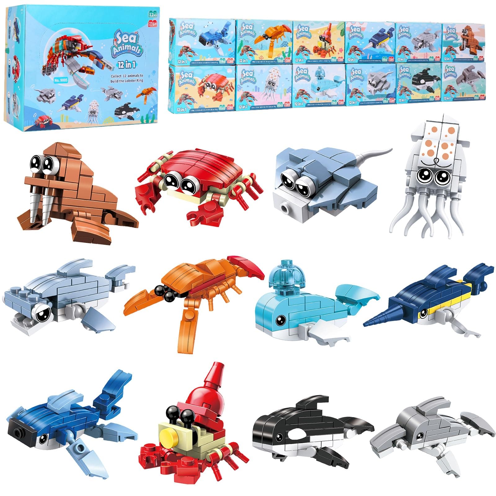 Party Favors for Kids Goodie Bags,12PCS Mini Building Blocks Ocean Animals, Building Sets Stem Toys, Assorted Building Blocks Sets for Birthday Party Gift,Goodie Bags, Prize,Cake Topper