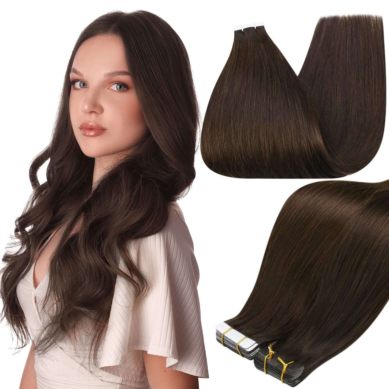 Tape in Hair Extensions Real Remy Human Hair Invisible Seamless Skin Weft Human Hair Tape in Extensions Color 2 Dark Brown Human Hair Extensions Brazilian Hair 18Inch 50G 20Pcs Add Length