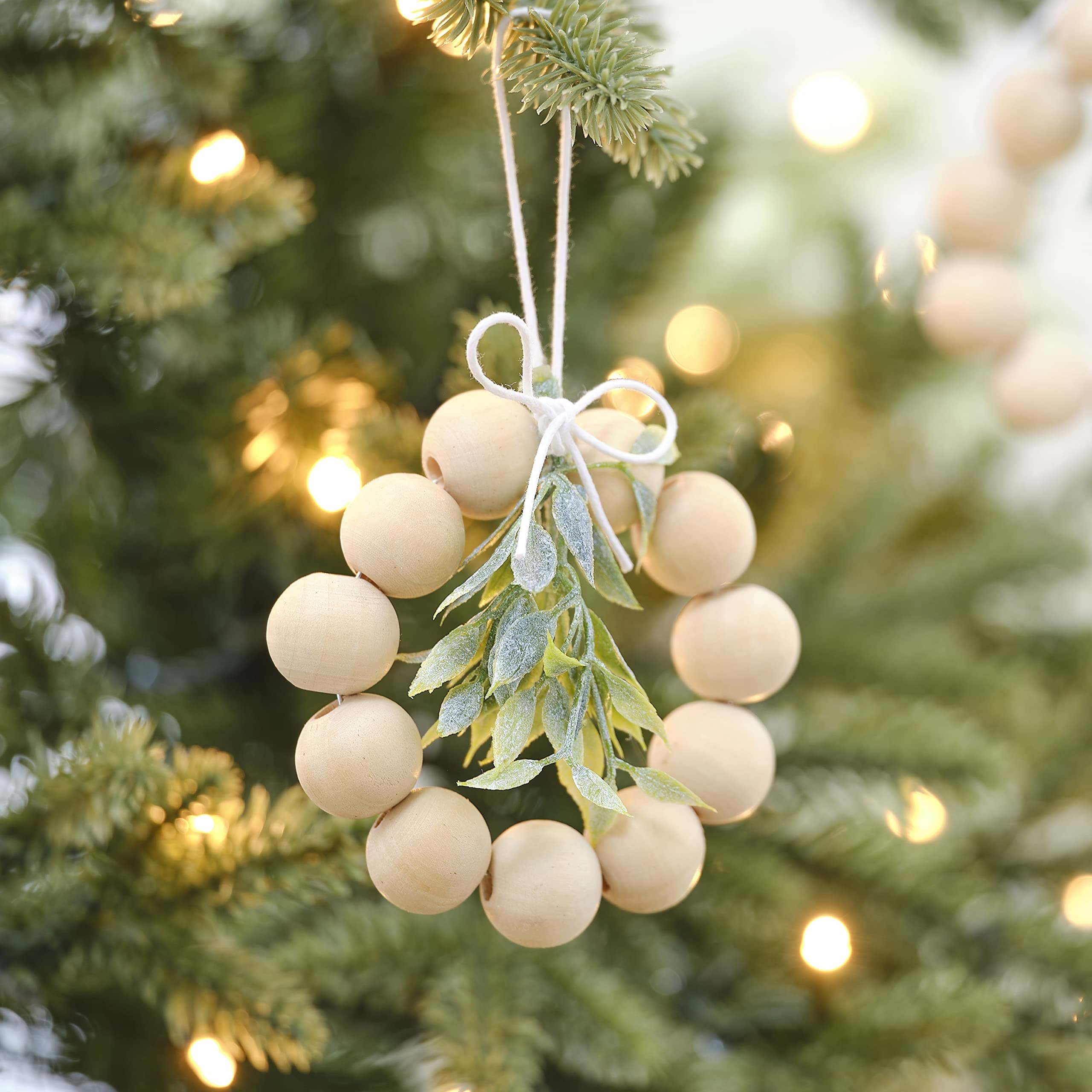 Ginger Ray NN-141 Wooden Bead Scandi Contemporary Christmas Tree Decoration with Foliage Pack of 4, Beige