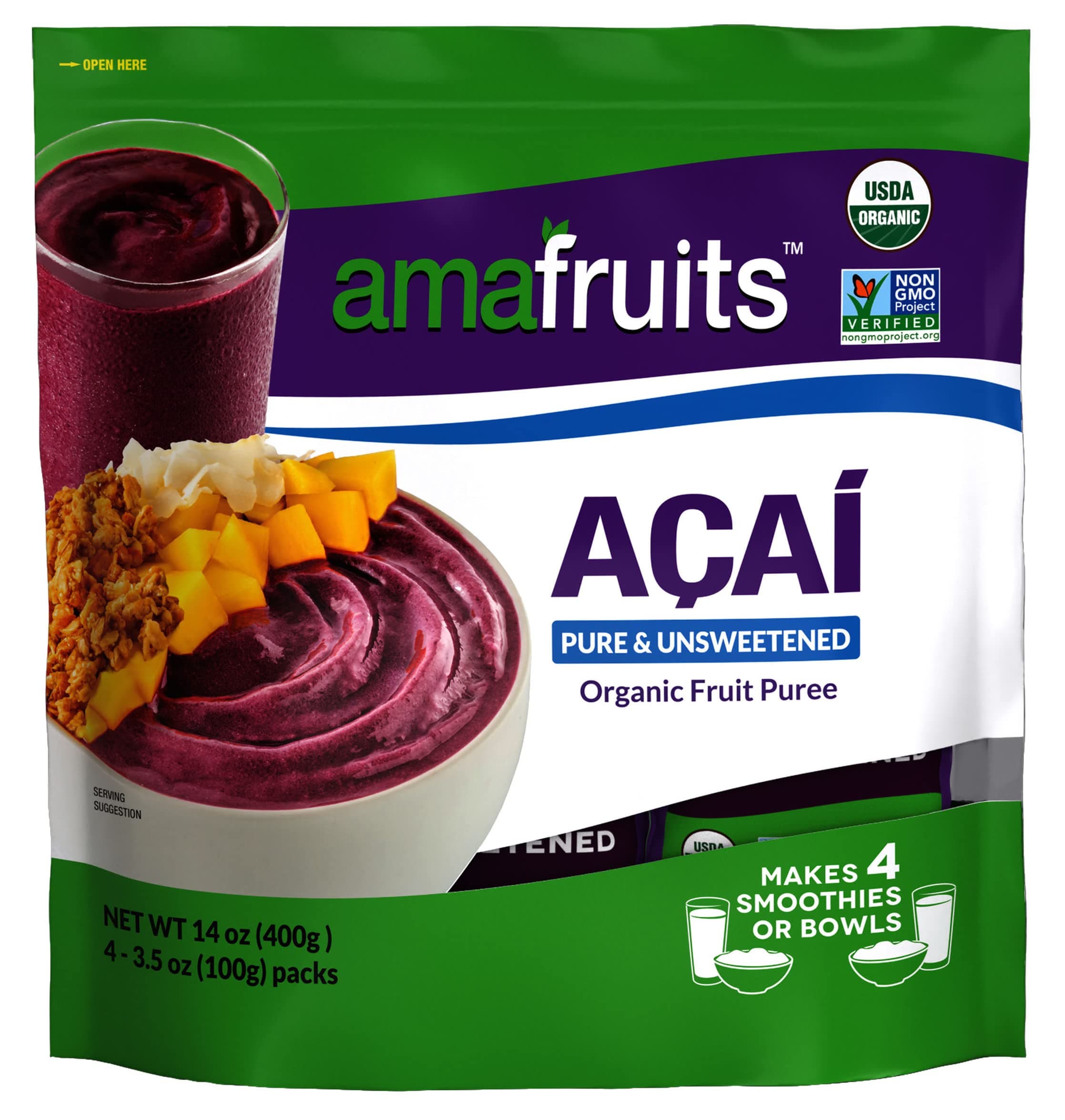 Acai Berry Frozen Puree Pure and Unsweetened Smoothie and Bowl Packs | USDA Organic | Non-GMO Certified | Zero Sugar | Antioxidant Rich Superfruit | 72 Packs x 3.5oz