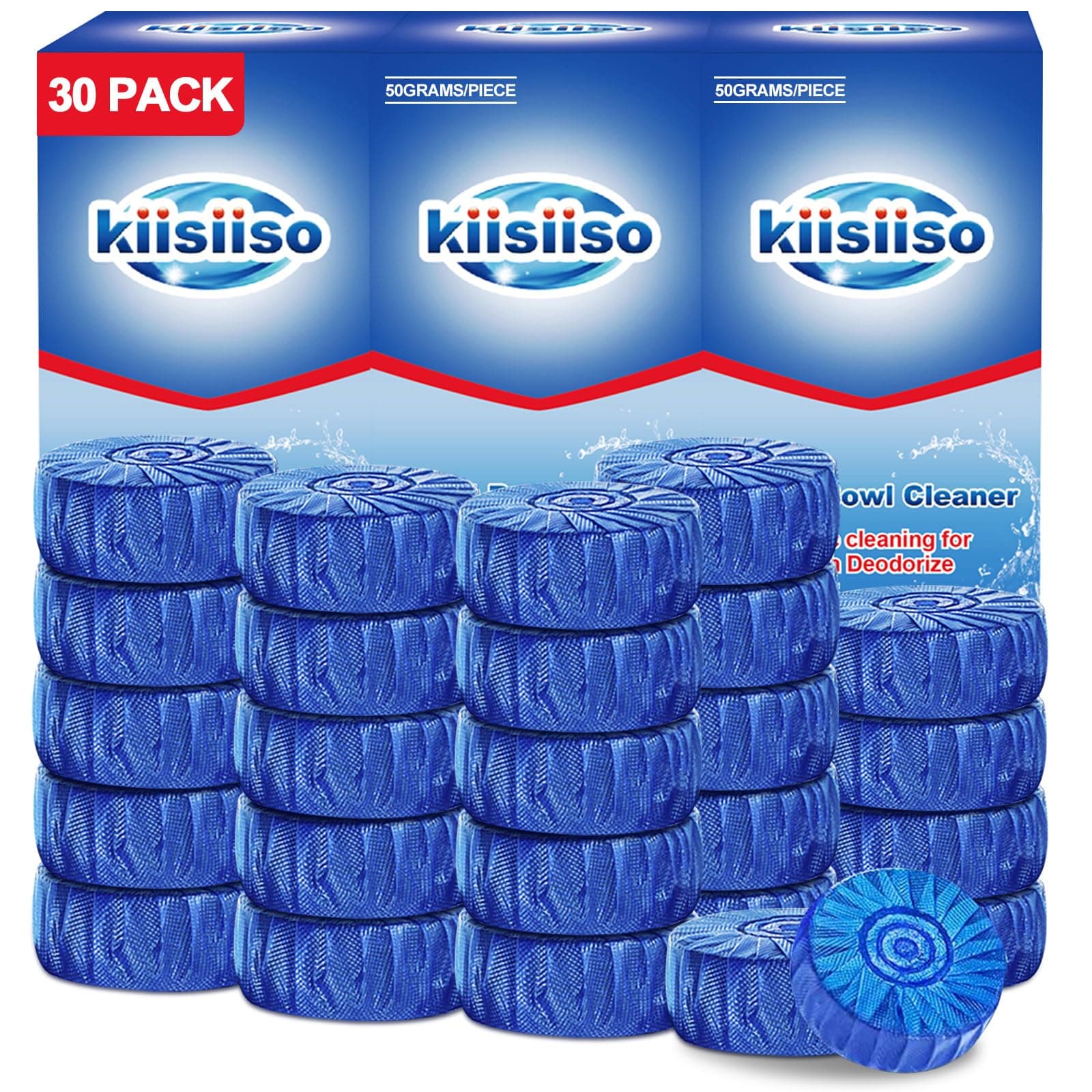KIISIISO Toilet Bowl Cleaner Tablets, Blue Automatic Toilet Tank Cleaners, Septic-Safe Hard Water Ring Stain Remover, Toilet flush Cleaning & Deodorizer, Fresh Scent - 30 PACK