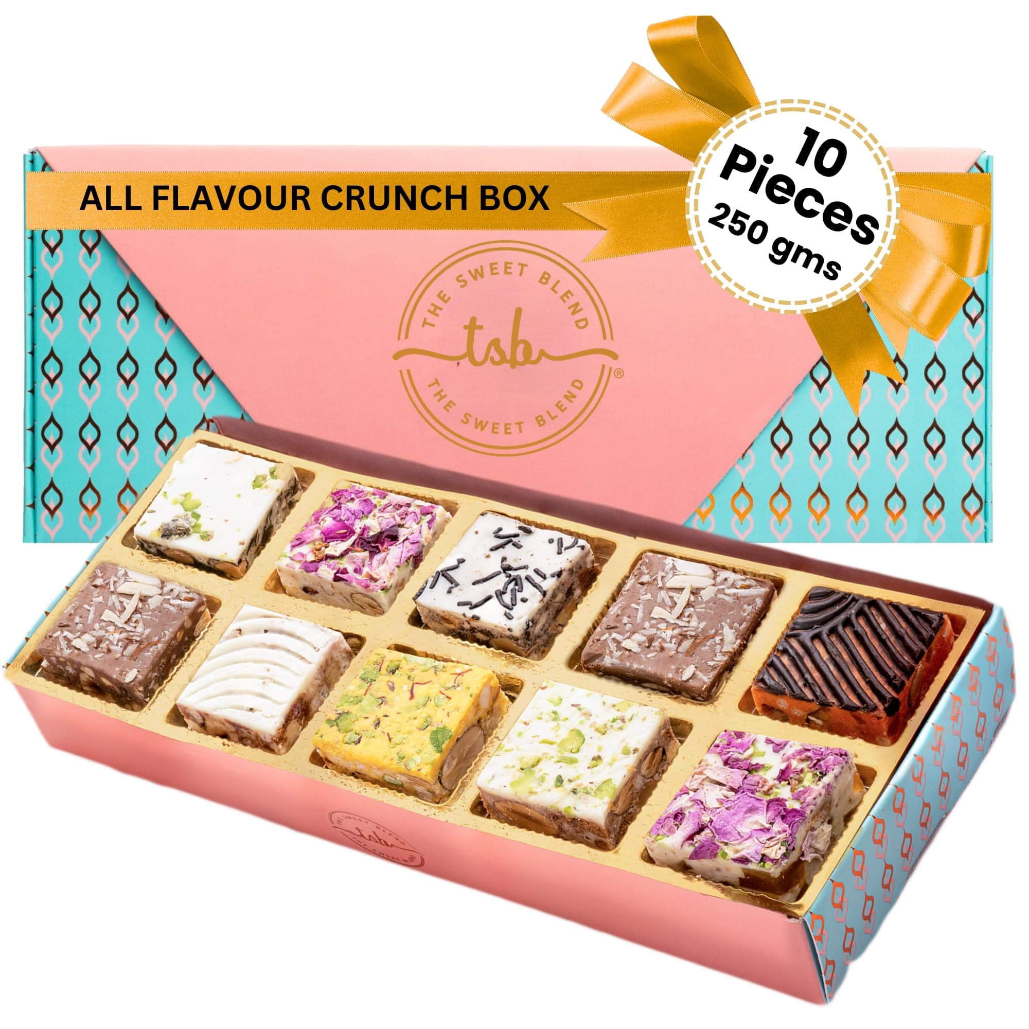THE SWEET BLEND All Flavours Crunch Box | 10 Unique Flavours of Crunchy Chocolate Mithai | Sweet Fusion Snack Bites | Gift Box | 250 g | Ideal Gift for Diwali