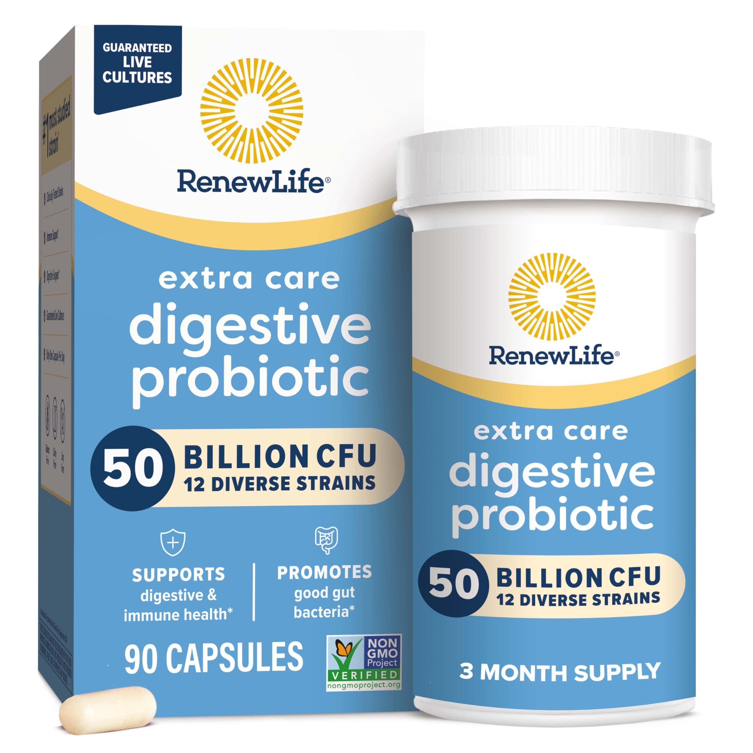 Adult Probiotics, 50 Billion CFU Guaranteed, Probiotic Supplement for Digestive & Immune Health, Shelf Stable, Gluten Dairy & Soy Free, Extra Care Digestive, 90 Capsules