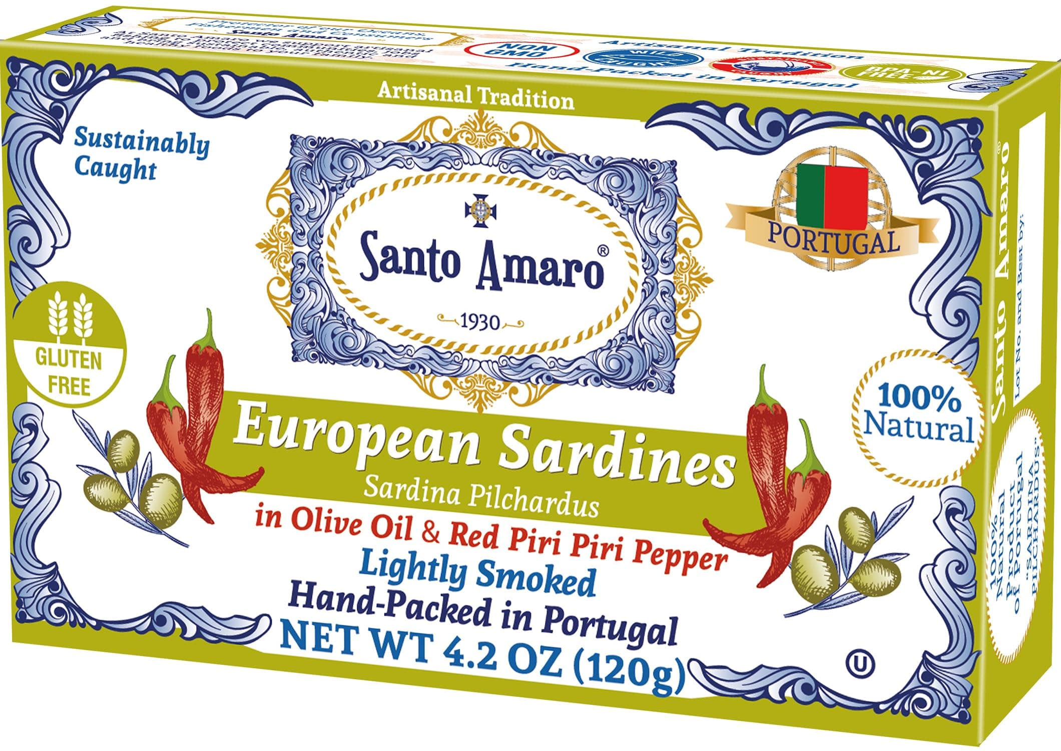 Authentic European Sardines in Olive Oil & Red Piri Piri Pepper, Hand-Packed Canned Sardines in Spicy Olive Oil, Wild Caught Portuguese Sardines, Lightly Smoked, 20g Protein, Pack of 3