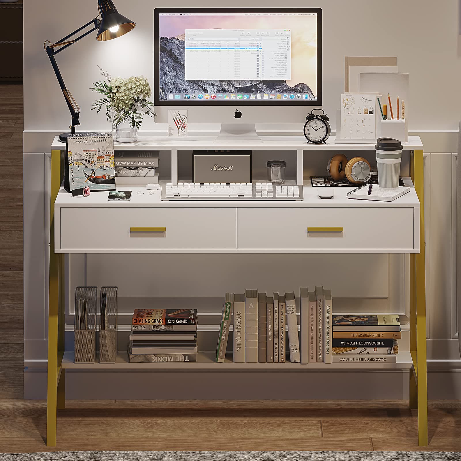 Tiptiper Computer Desk with Drawers, Hutch & Moniter Stand, Home Office Writing Study Desk Workstation Table with Bookshelf, for Work & Study, Small Spaces, White and Gold