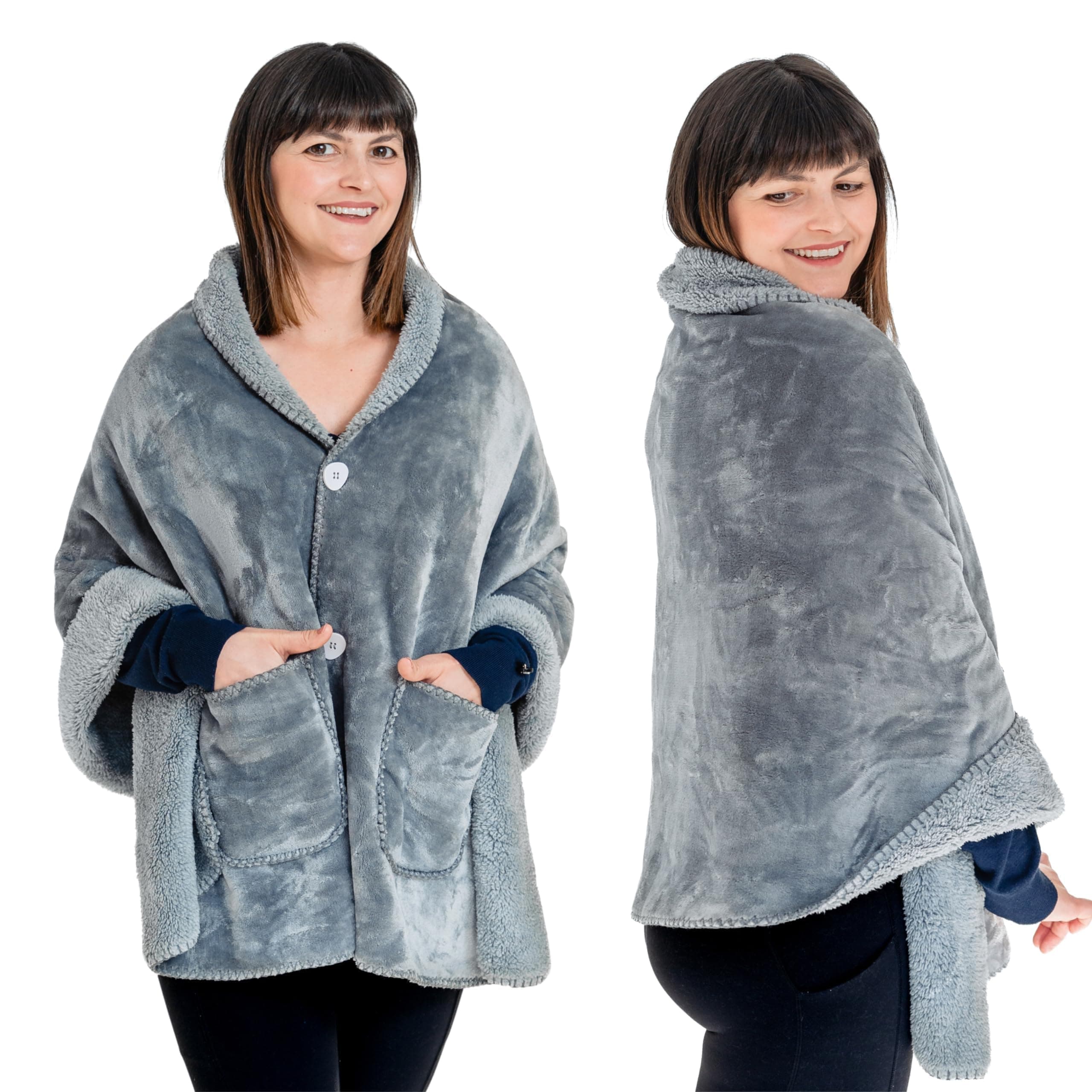 Premium Double Layer Poncho Blanket - No Sleeves Easy On Easy Off- Drape and Go- 2 pockets - Gifts for Grandma (Silver Grey)