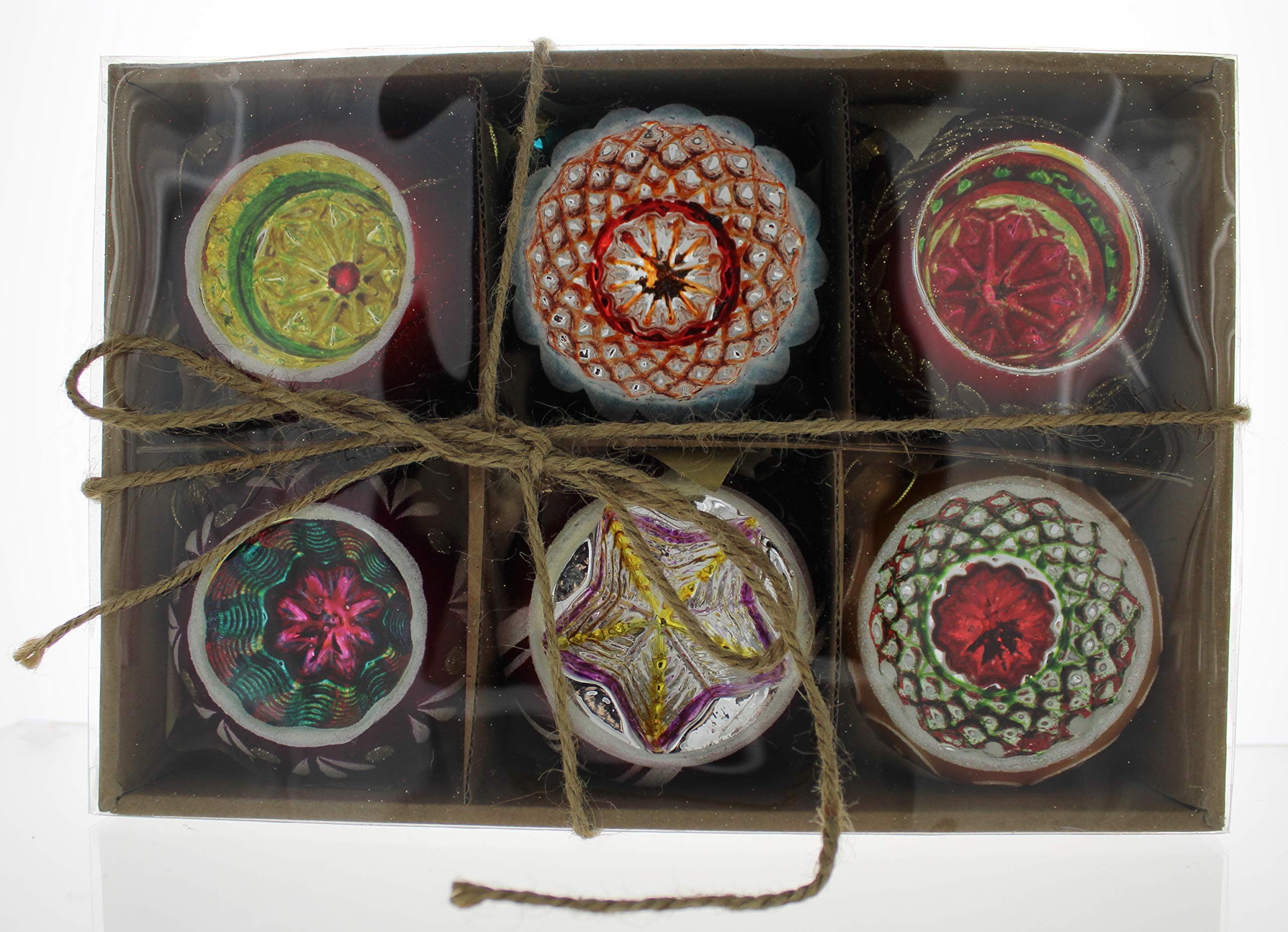 Set of Six Vintage Style Glass Reflector Ball Ornaments with Glitter