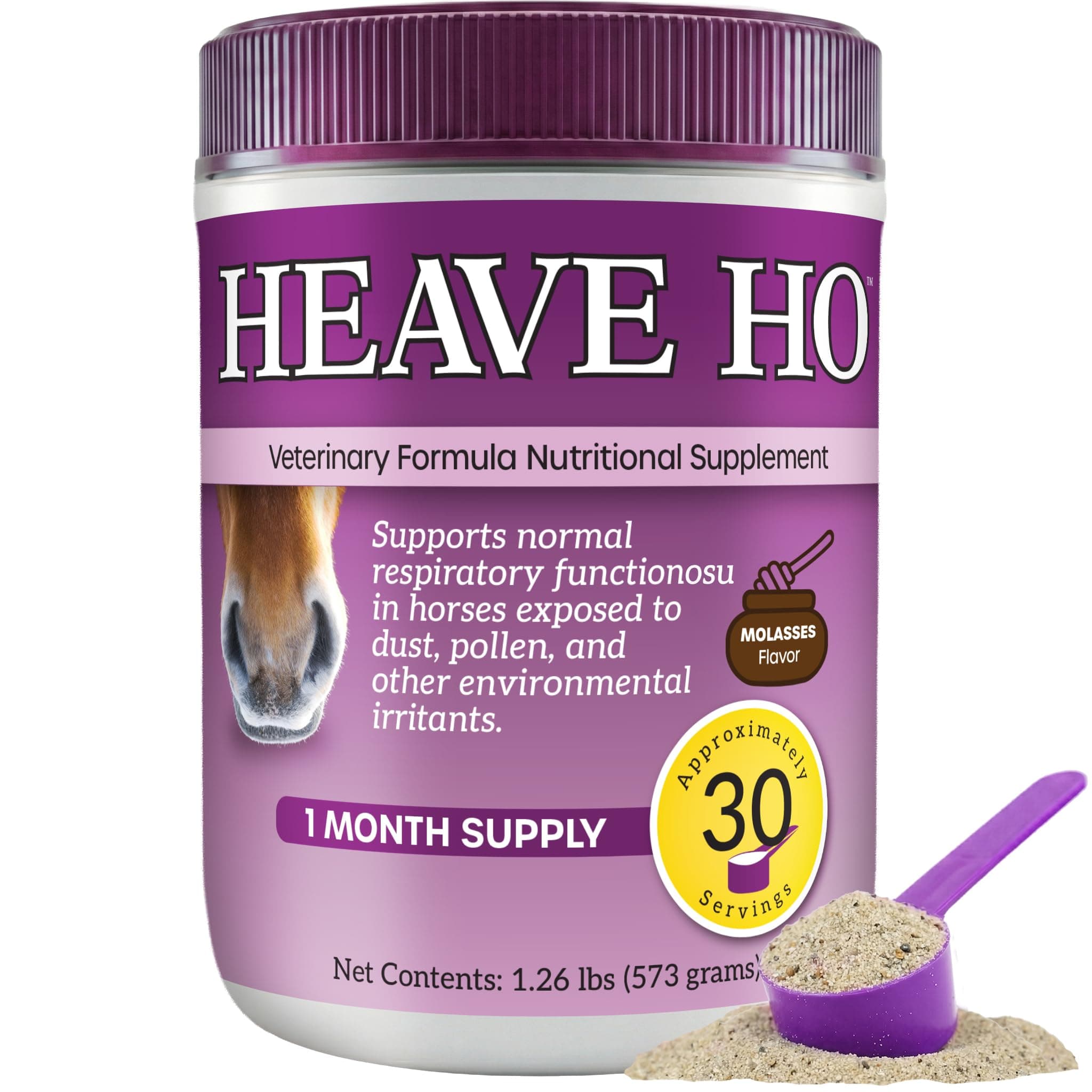 Heave Ho Equine Respiratory Support Supplement for Horses, Nutritional Airway & Immune Support, Herbal Blend with Vitamins & Minerals, Molasses Flavor, 30 Servings