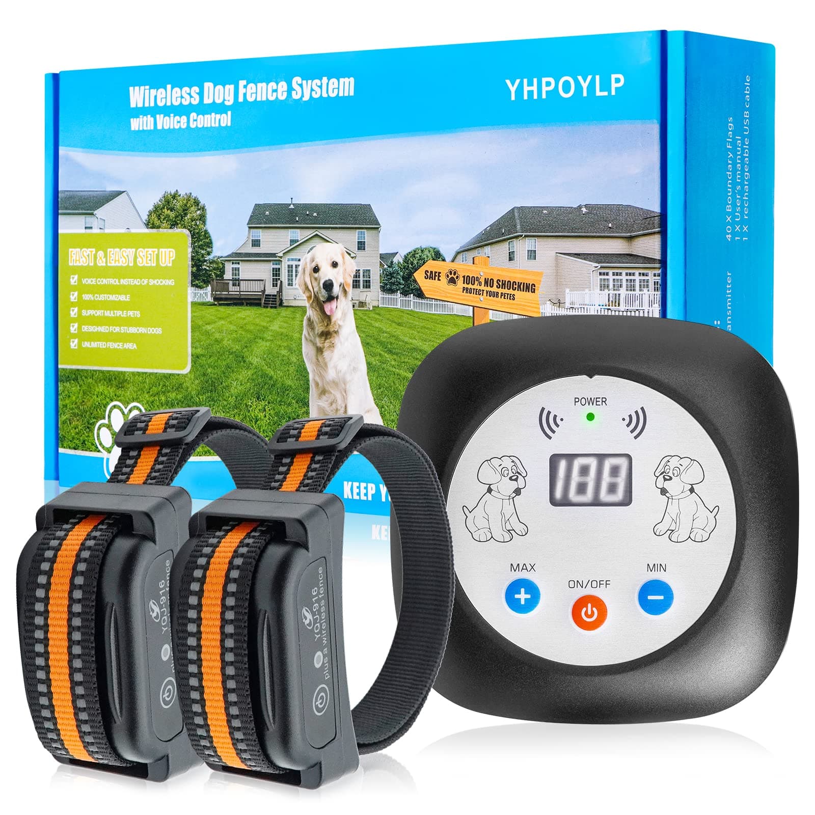 YHPOYLP Wireless Dog Fence System for 2 Dogs,Play and Stay Electric Dog Training System,Waterproof,Rechargeable and Effective,Suitable for Multi-Dog Families