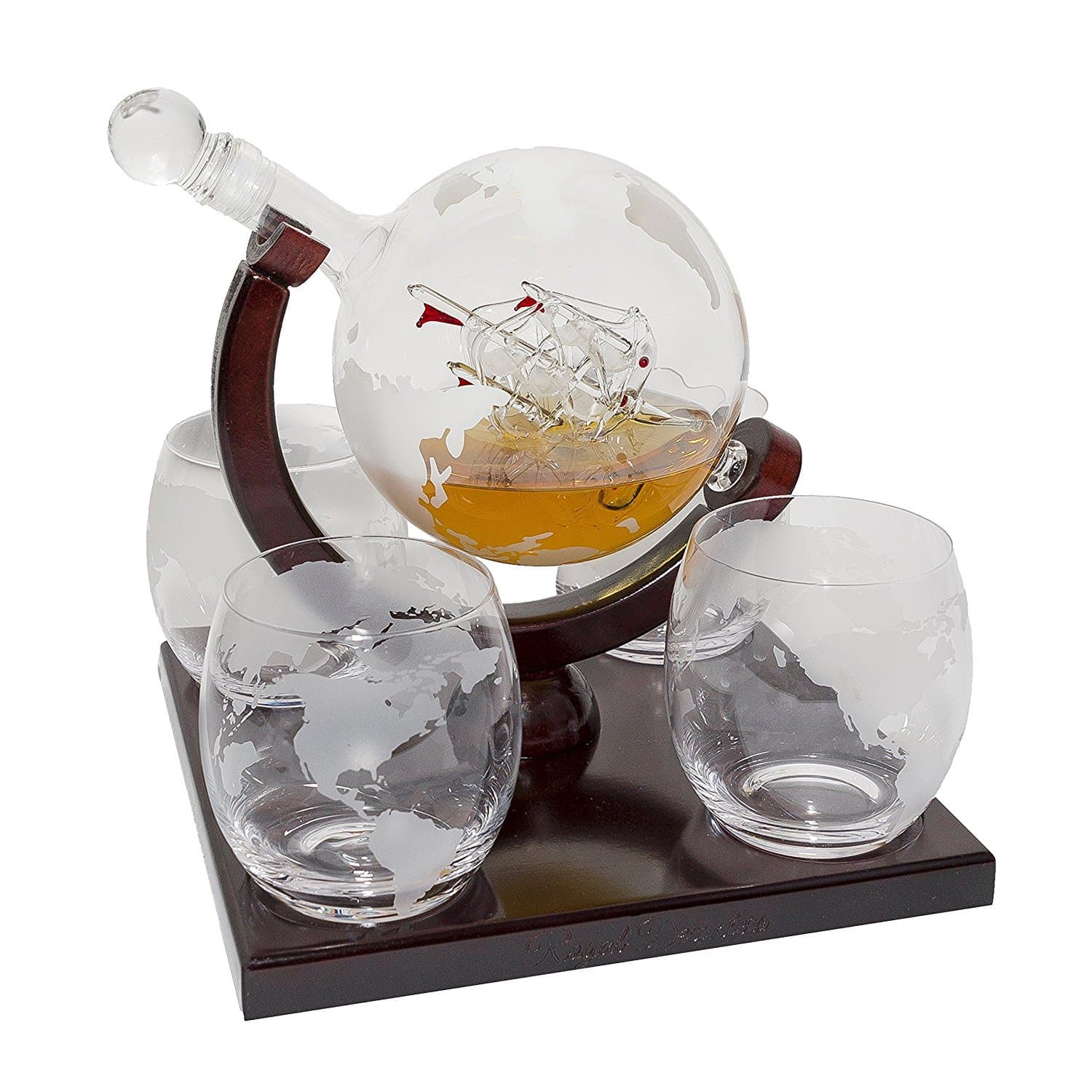 Royal Decanters Etched Globe Whiskey Decanter Gift Set- Includes 4 Glasses & Large Glass Beverage Drink Dispenser Also For Brandy Tequila Bourbon Scotch Rum -Alcohol Related Gifts For Dad (850Ml)