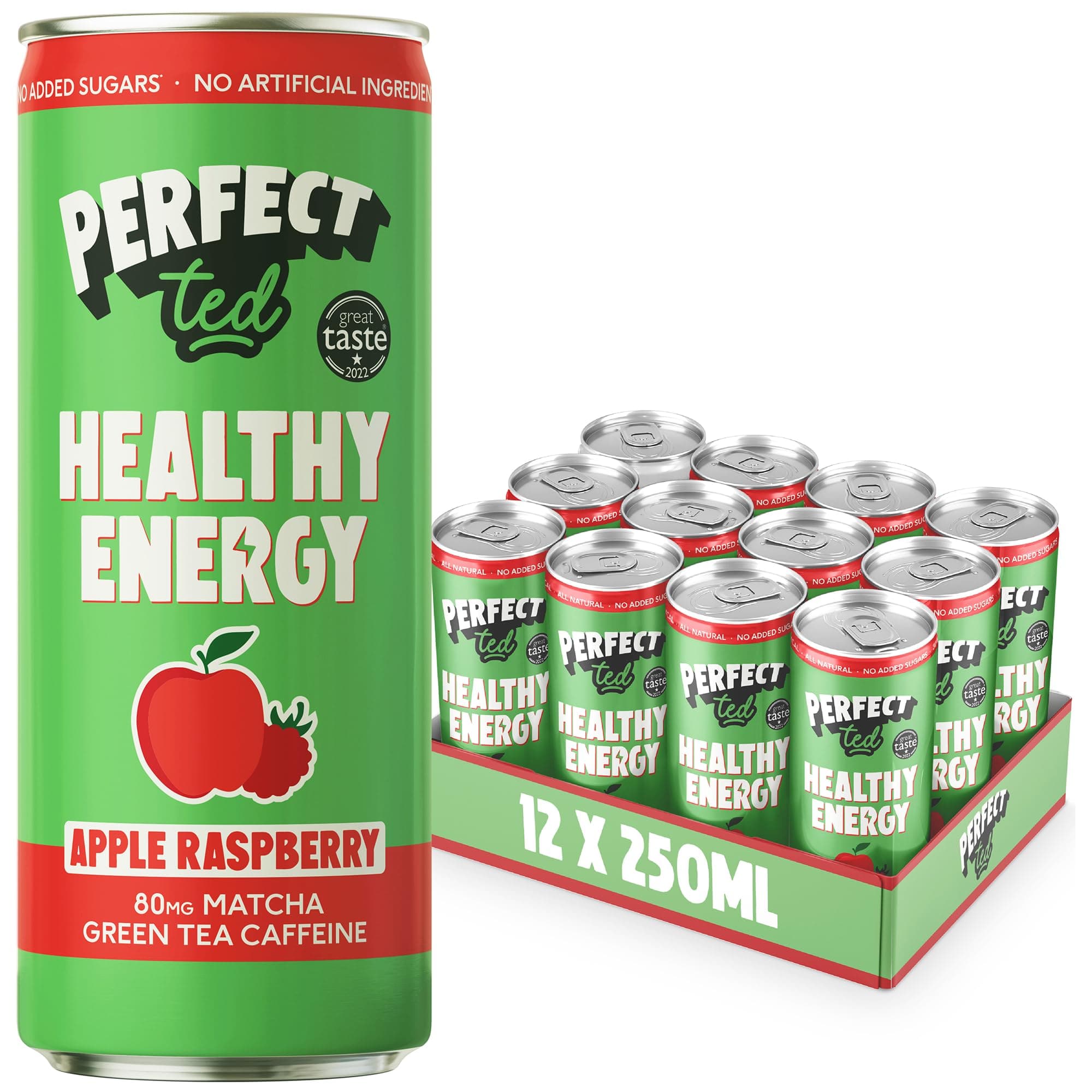 PerfectTed Apple Raspberry Healthy Energy Drink, 12 x 250ml Cans, All-Natural Green Tea Caffeine (80mg) & L-Theanine | Low Calorie (30KCAL) | Vegan | Gluten-Free