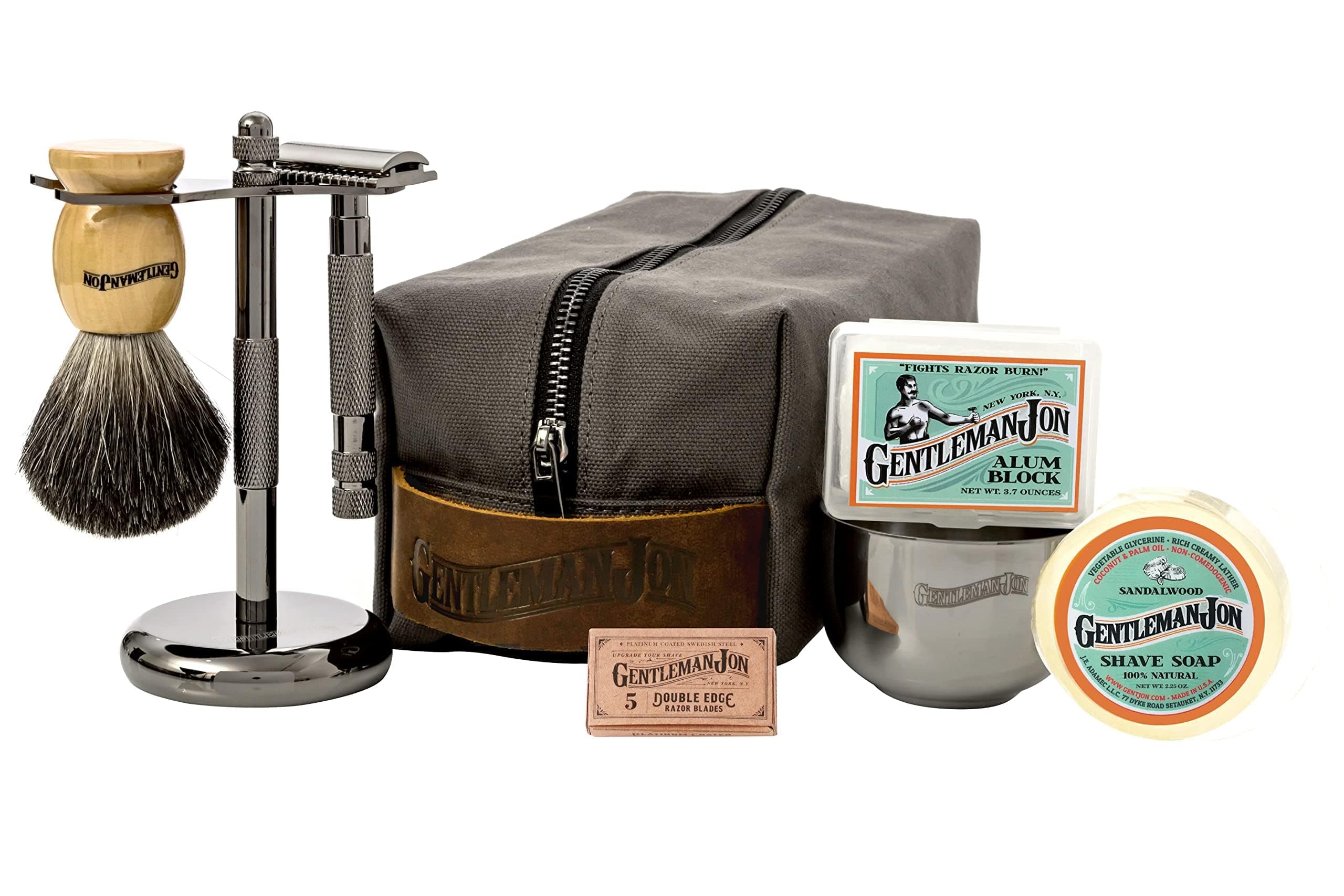 Gentleman Jon Deluxe Wet Shave Kit | Includes 8 Items: Safety Razor, Badger Hair Brush, Shave Stand, Canvas & Leather Dopp Kit, Alum Block, Shave Soap, Stainless Steel Bowl and Astra Razor Blades