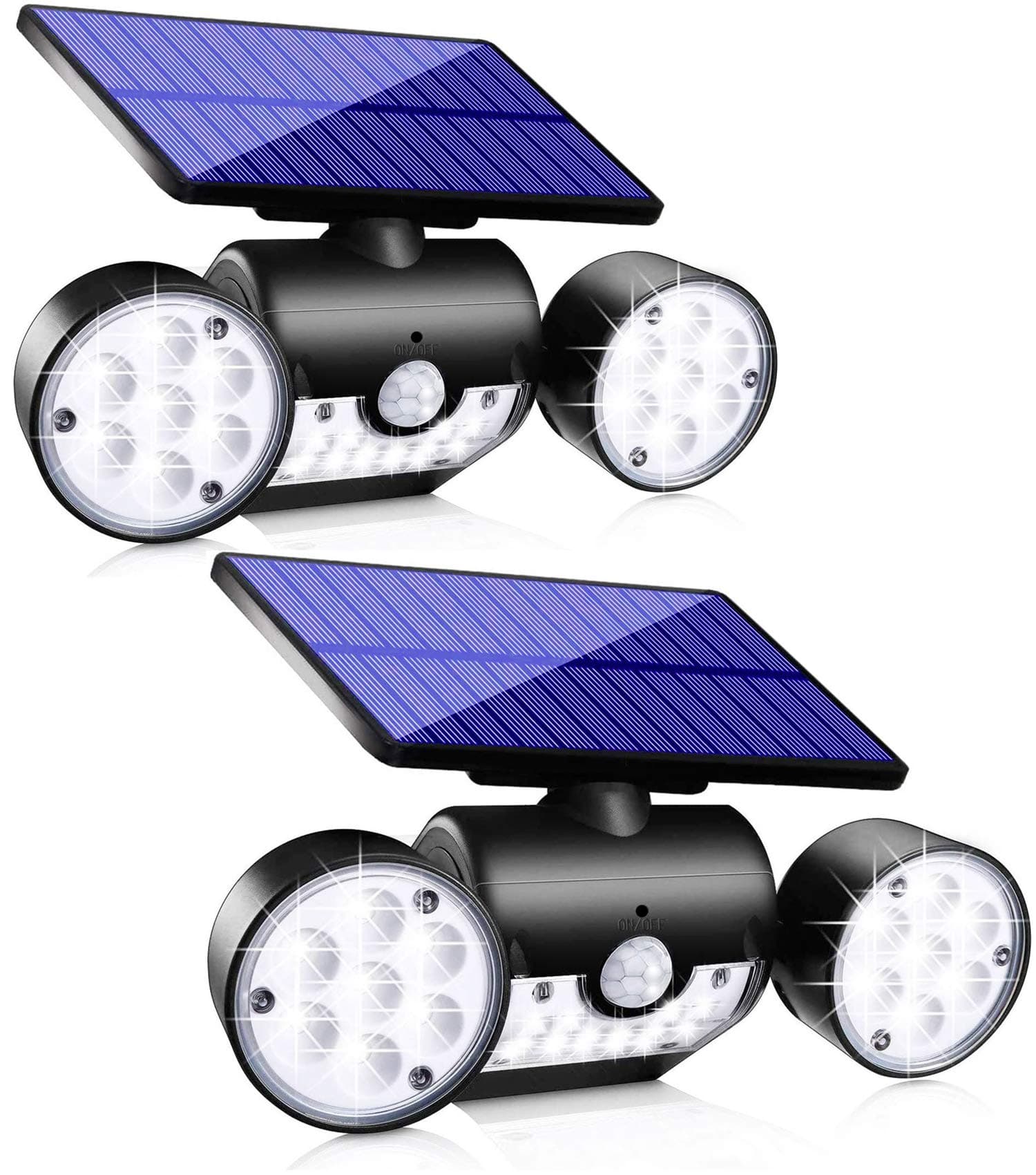 Topmante Solar Motion Sensor Light Outdoor, Super Bright LED Lamp IP65 Waterproof 360° Adjustable Solar Powered Wall Light Dual Head Spotlight Flood Security Lights for Yard Garage Patio Porch 2 Pack