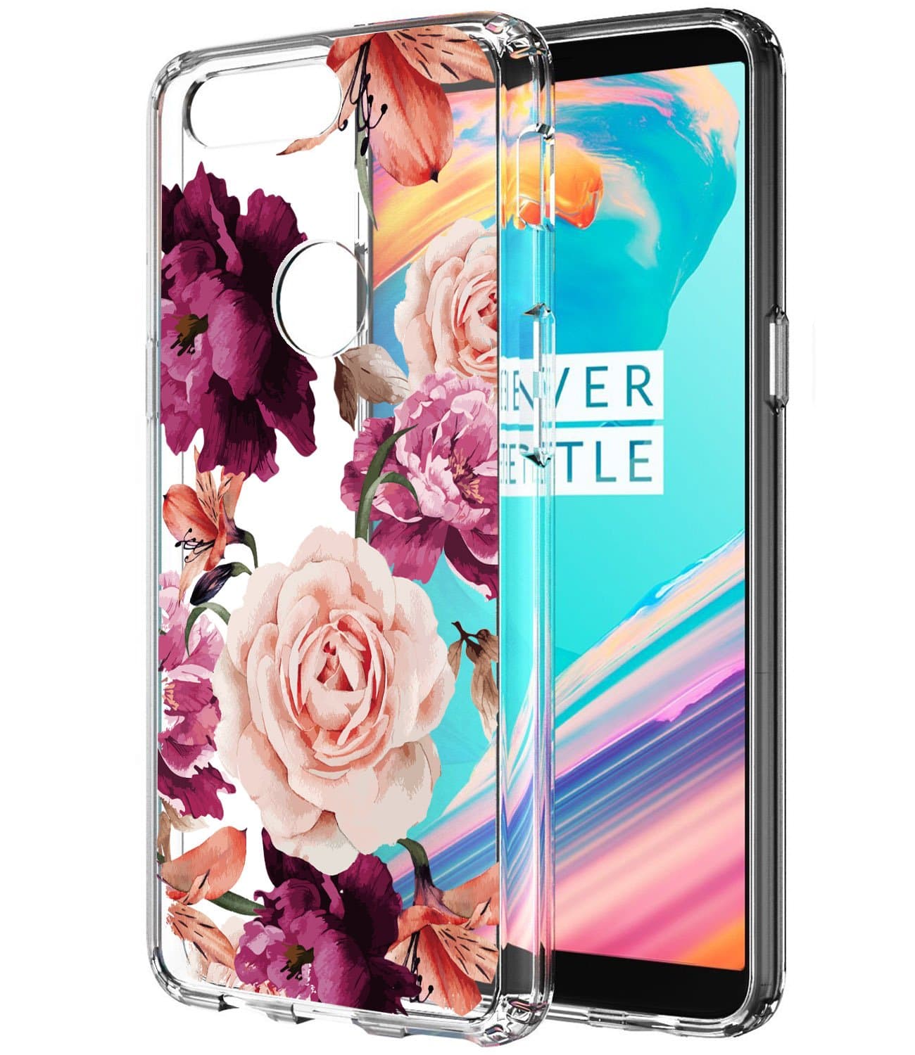 OnePlus 5t Case, 1+ 5T Case with Flowers BAISRKE Slim Shockproof Clear Floral Pattern Soft Flexible TPU Back Cover for OnePlus 5t [Purple Pink]