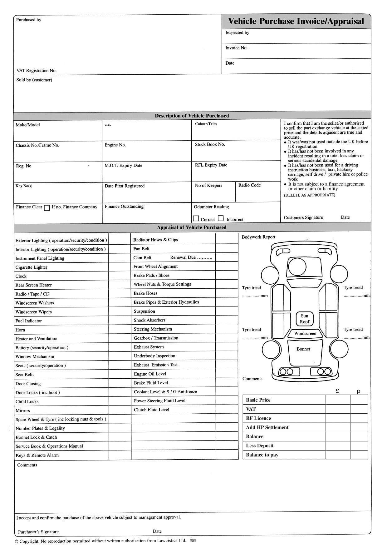 Legally Compliant - Vehicle Purchase Invoice/Appraisal - Selling & Buying Cars