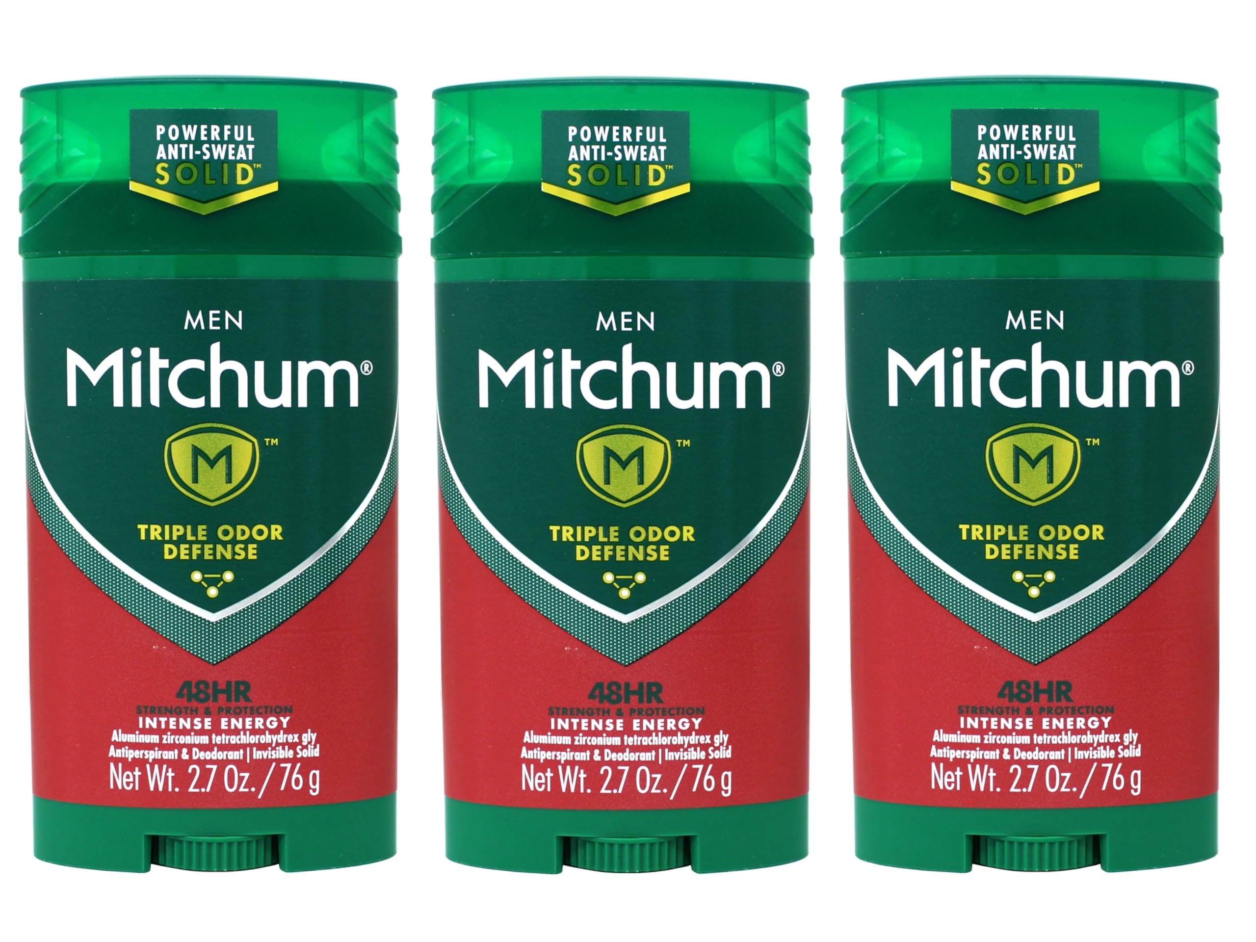 Mitchum Men Antiperspirant & Deodorant Stick, Triple Odor Defense Invisible Solid, 48 Hr Strength & Protection, Intense Energy, 2.7 Oz - 3 Pack