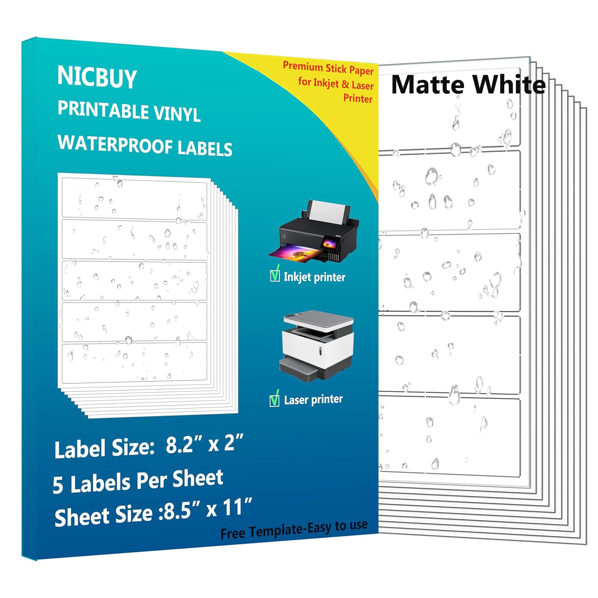Printable Water Bottle Labels 8.2x2 inch Matte White Waterproof Vinyl Sticker Sheets 100 Pcs Blank Labels for Inkjet or Laser Printer