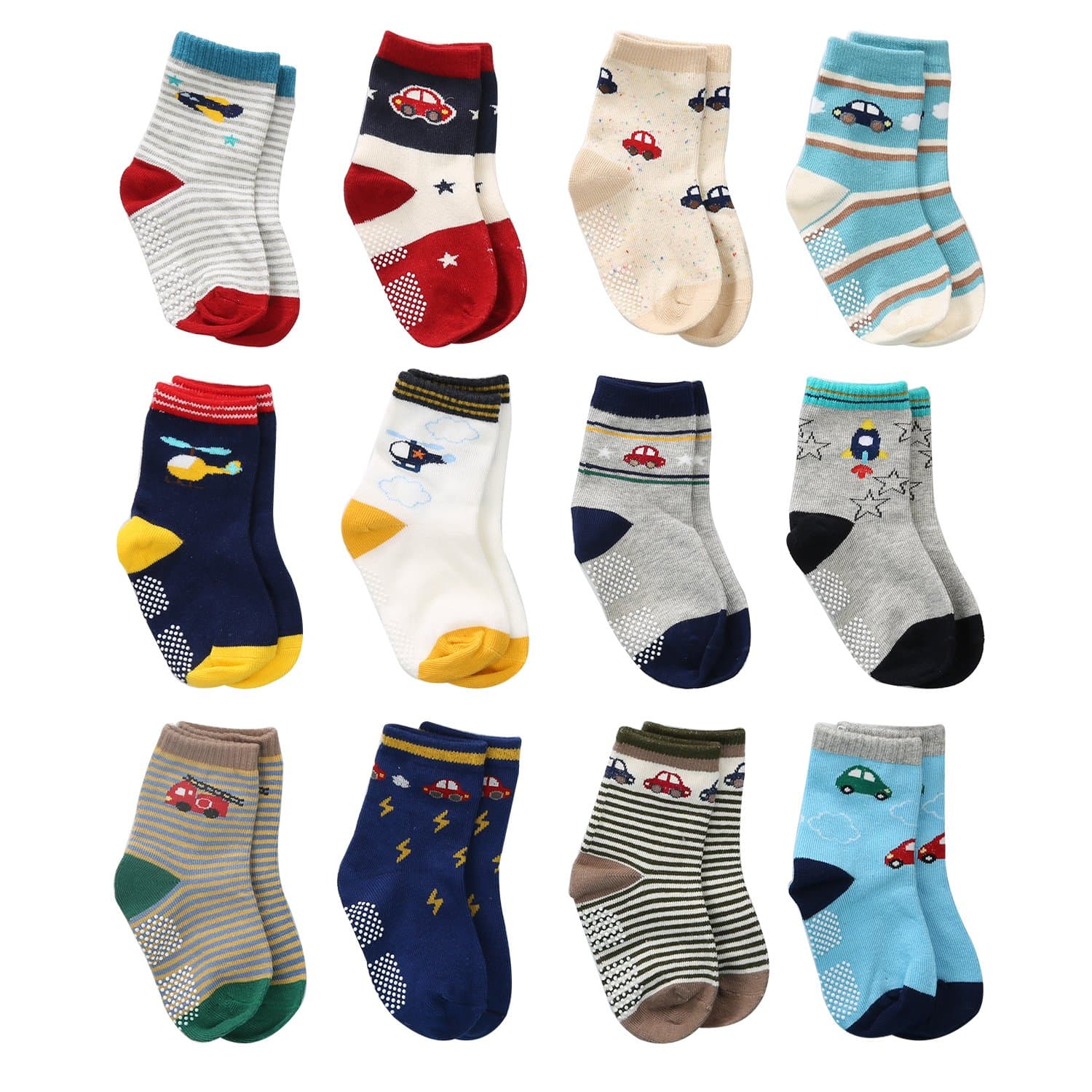 12 Pairs Baby Socks for Boys Cotton Socks Non Skid Grip Socks, Toddler Boy Anti Slip Ankle Socks for Kids Boys