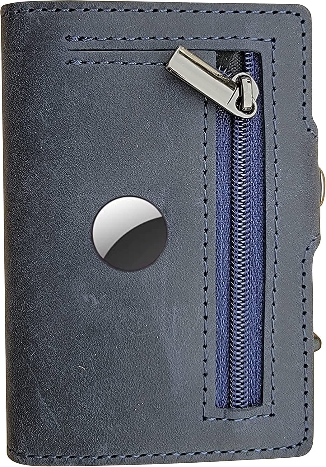 TNE Wallet For Airtag Genuine Leather Credit Card Money Holder for Men | RFID Blocking | Automatic Popup Mini Aluminum Bifold Slim Zipper Coin Pocket Case for Airtag Mens Wallets Air Tag Cover (Blue)