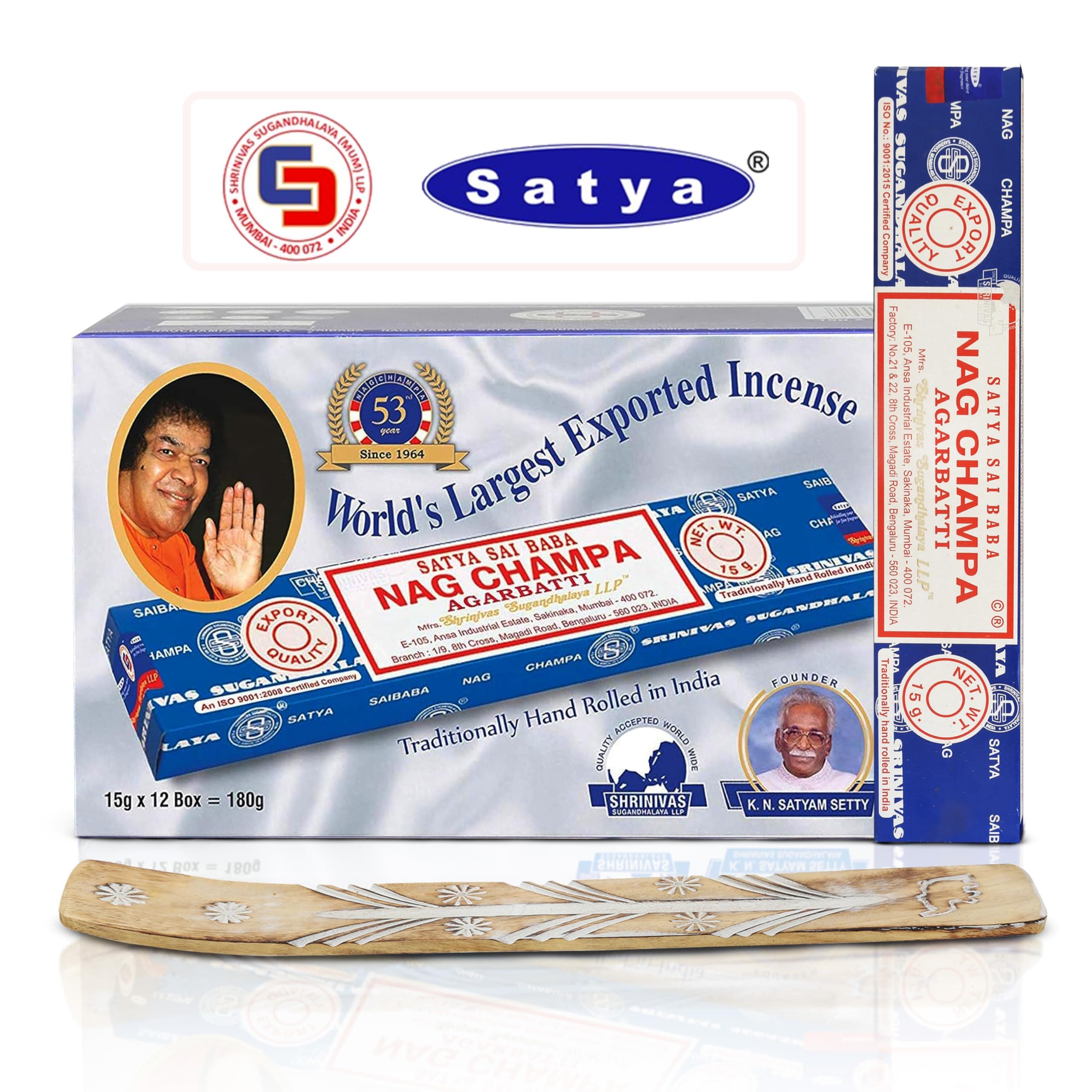 Satya Nag Champa Incense Sticks, Satya sai Baba Insenses 15gmx12 Pack with Raajsee Incense Holder Bundle, Satya Nag Champa Natural Incense 180 gm