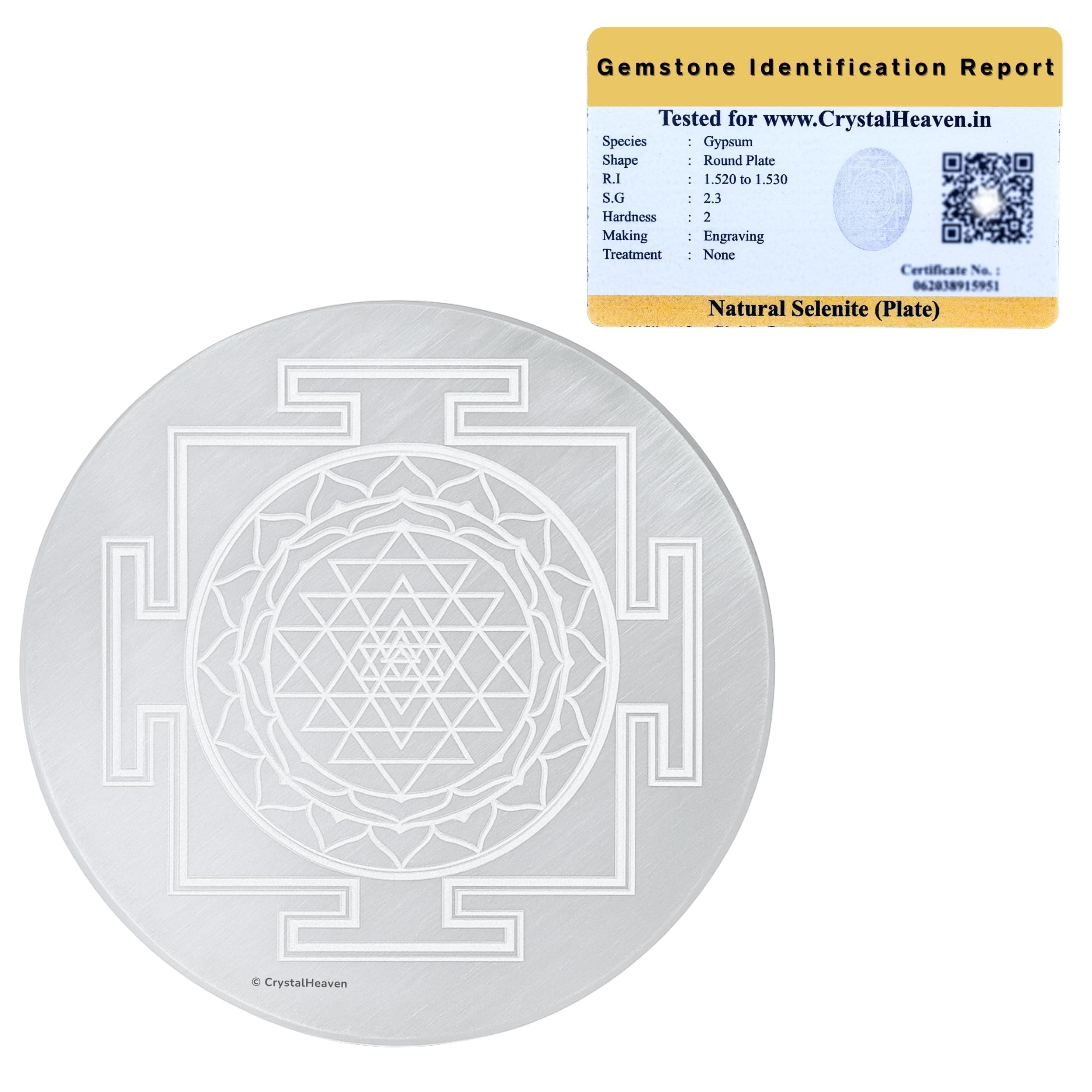 Crystal Heaven Selenite Crystal Charging Plate, 3 Inch Engraved Sri Yantra Selenite Plate For Crystal Cleansing Re-Energy Work, Meditation And Pooja (Shree Yantra)
