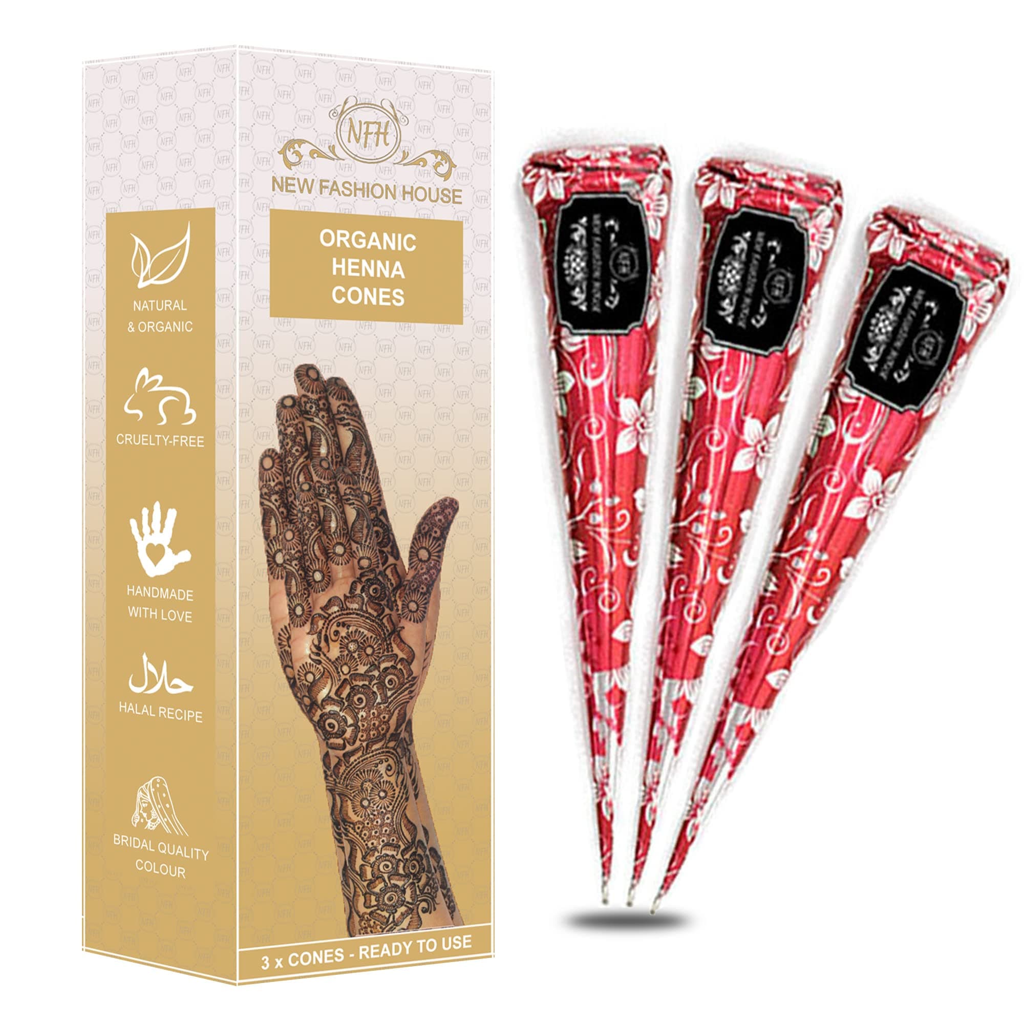 – Organic Henna Mehindi XL Cones Ready to Use (Pack of 3) No Chemicals, No Dyes