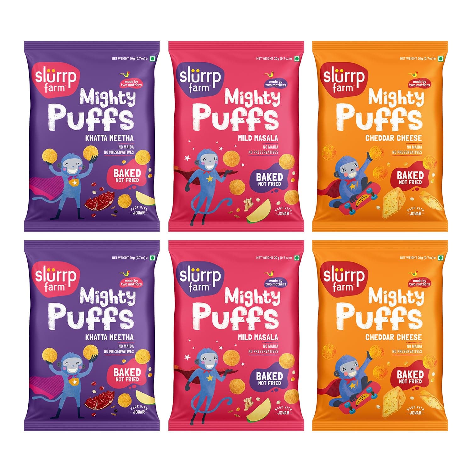 Slurrp Farm Mighty Jowar Puffs | Khatta Meetha, Mild Masala and Cheddar Cheese | Not Fried, No White Flour| 6 x 20g packs | Healthy Snacks for Kids, School Tiffin and Travel-Friendly